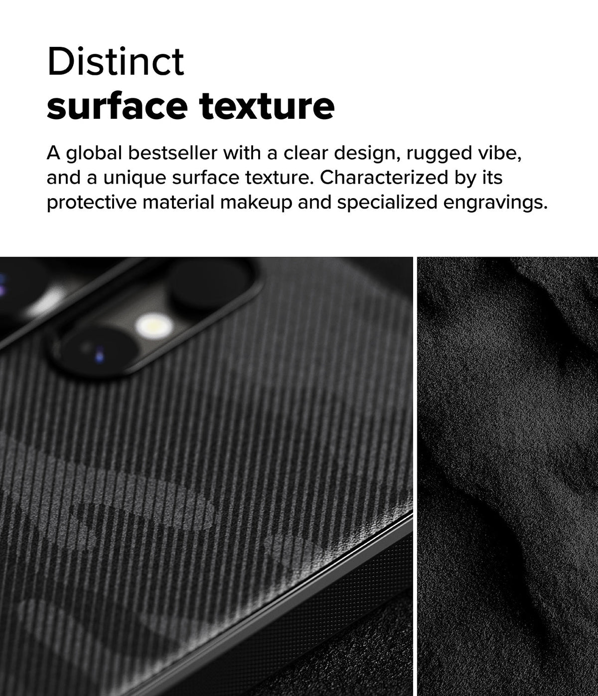 Galaxy S25 Ultra Case | Onyx - Close-up of a black phone case featuring diagonal textured engravings and a rugged, matte finish.
