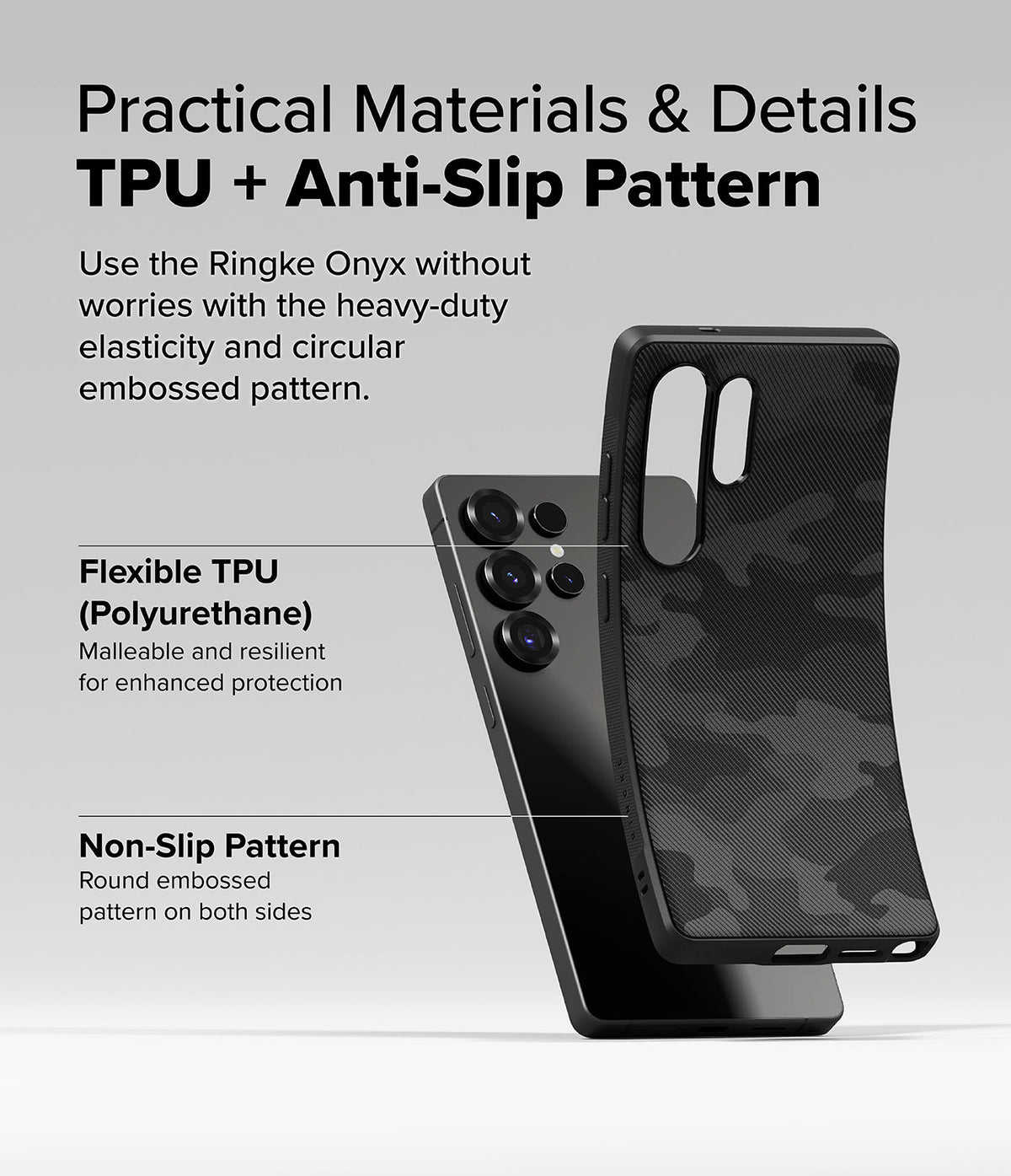 Galaxy S25 Ultra Case | Onyx - Flexible black TPU phone case with camo texture and non-slip side grips shown on a phone.