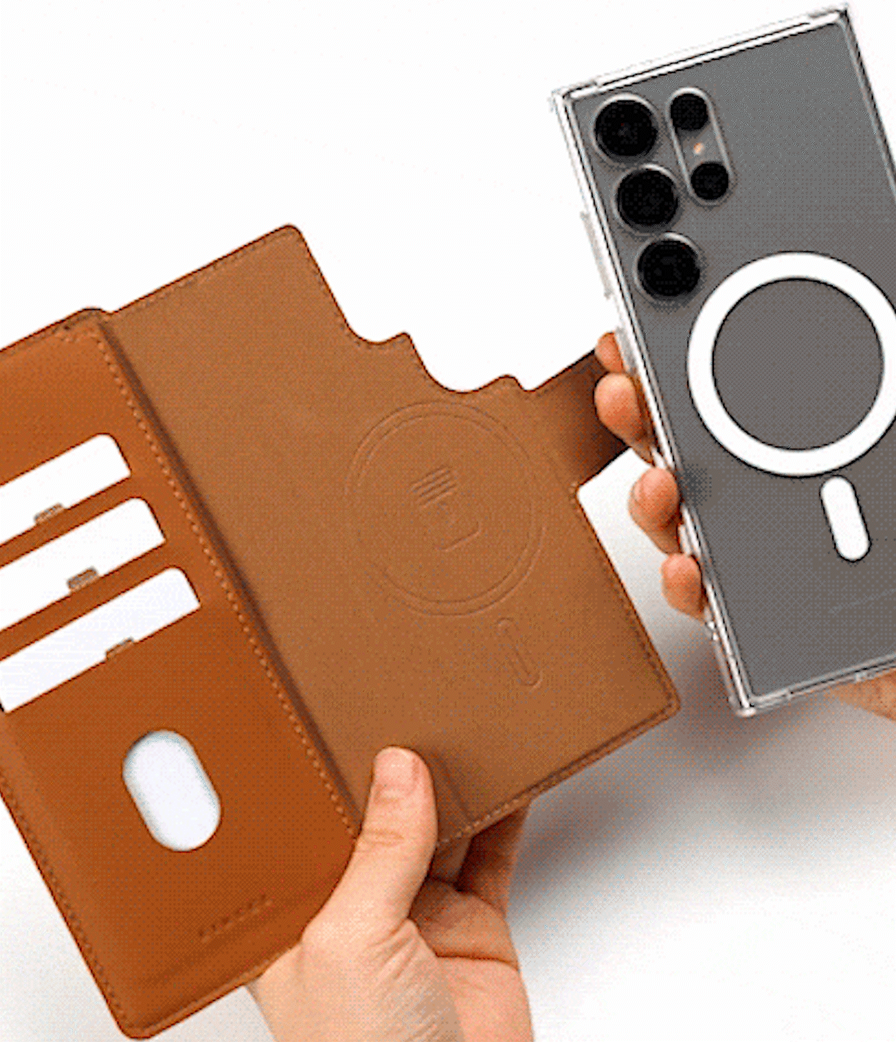 Galaxy S25 Ultra Cover | Folio Grip Wallet Magnetic - Galaxy S25 Ultra Cover - A hand detaches a clear magnetic phone case from a tan leather folio wallet with card slots.