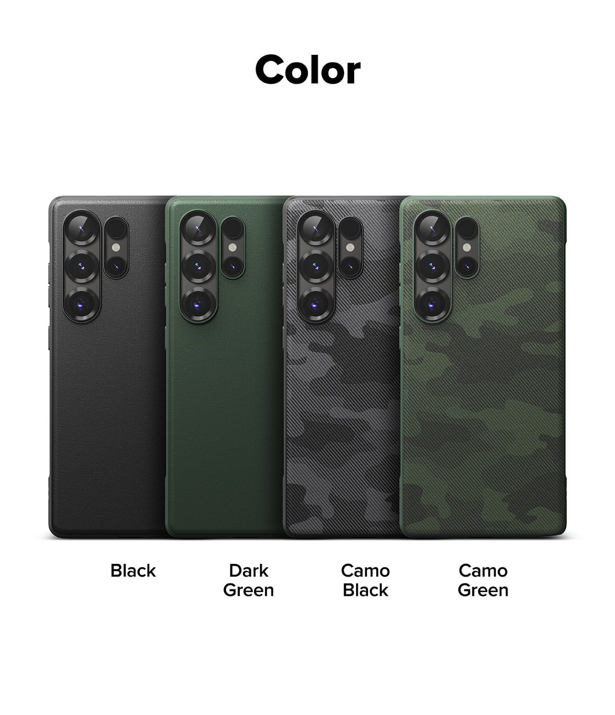 Galaxy S25 Ultra Case | Onyx - Four Galaxy S25 Ultra phones in black, dark green, camo black, and camo green cases.