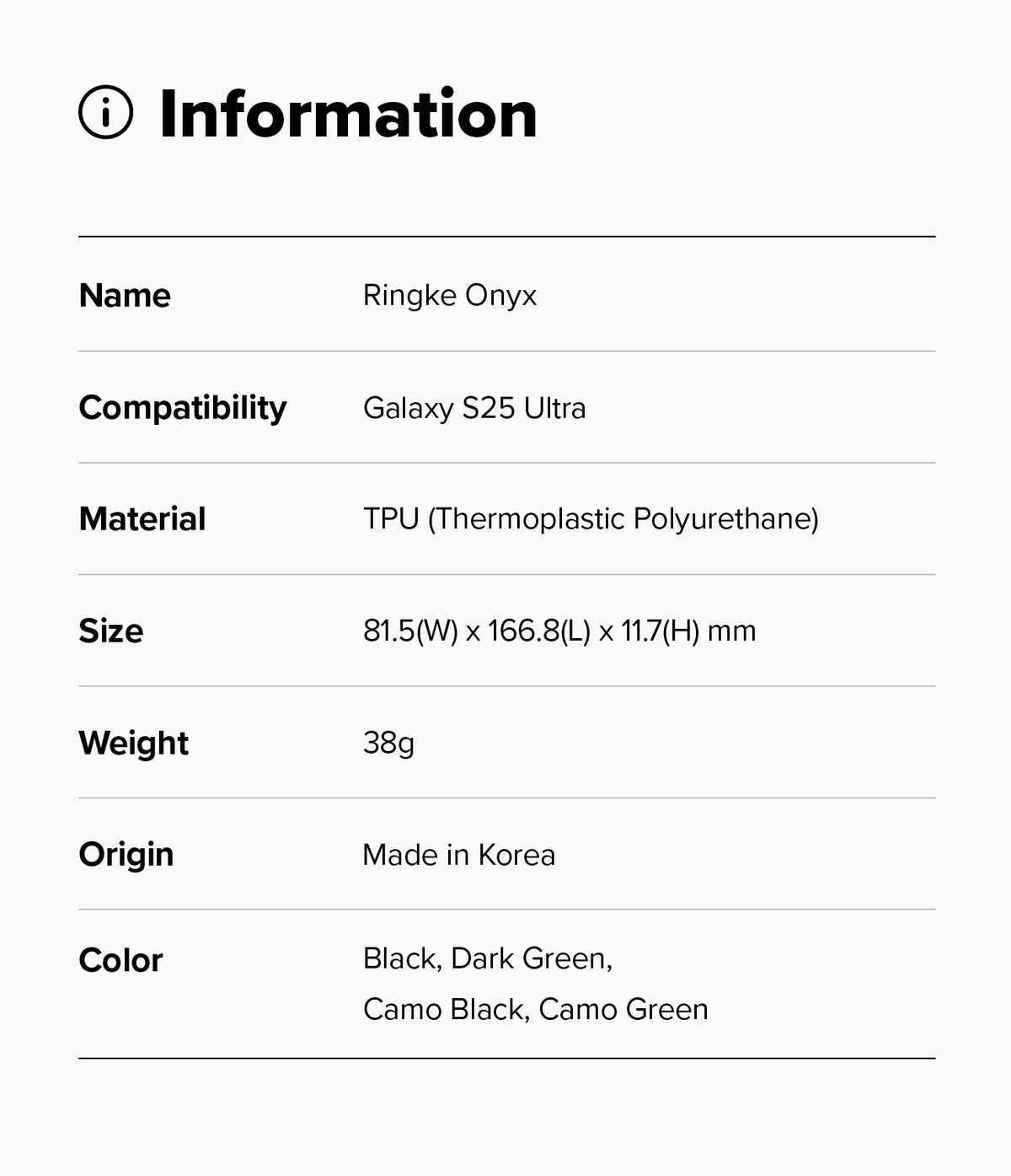 Galaxy S25 Ultra Case | Onyx - Information table listing specifications for the Ringke Onyx case for Galaxy S25 Ultra.
