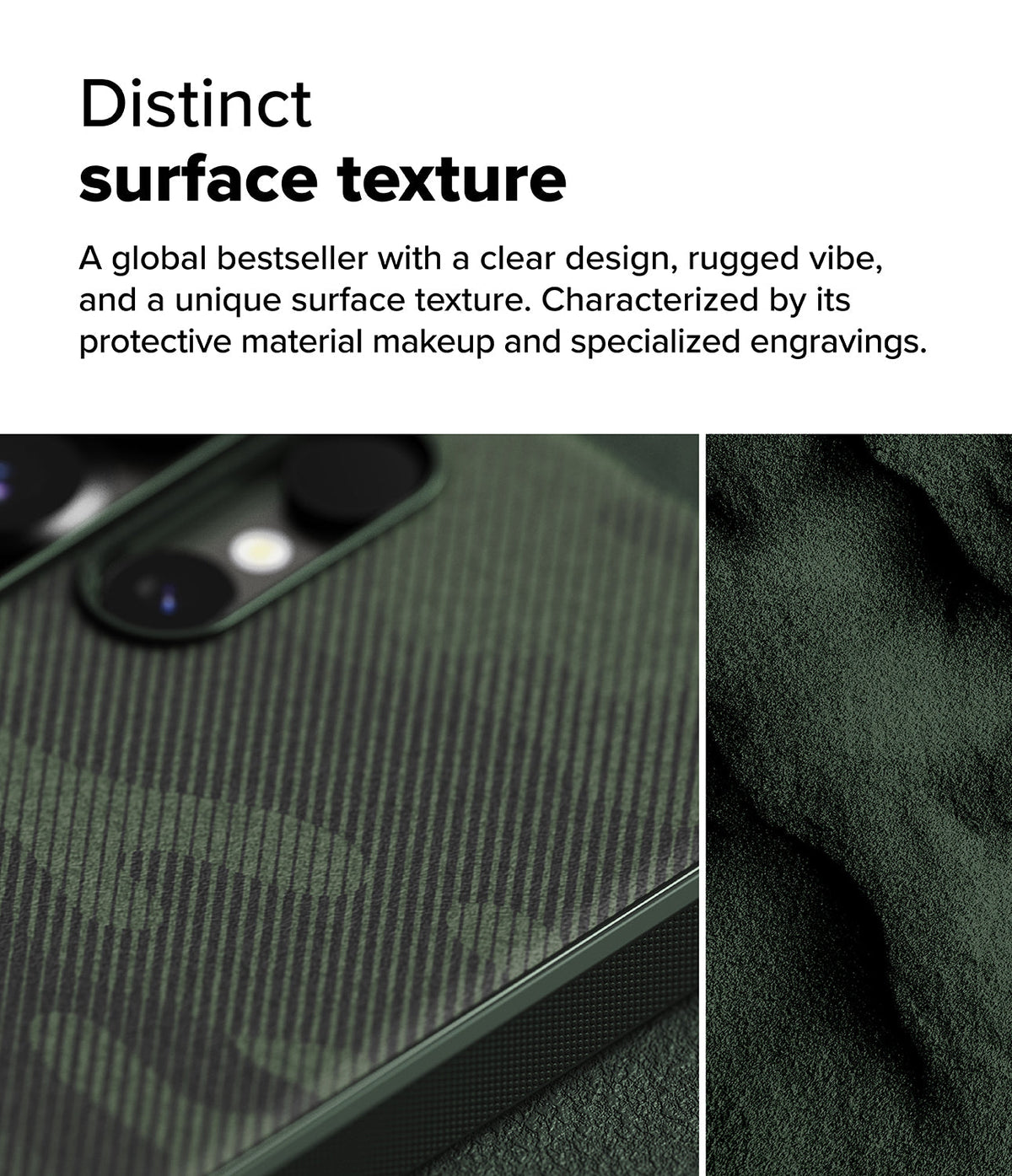 Galaxy S25 Ultra Case | Onyx - Close-up of a dark green phone case with a textured, rugged, camouflage-like pattern.