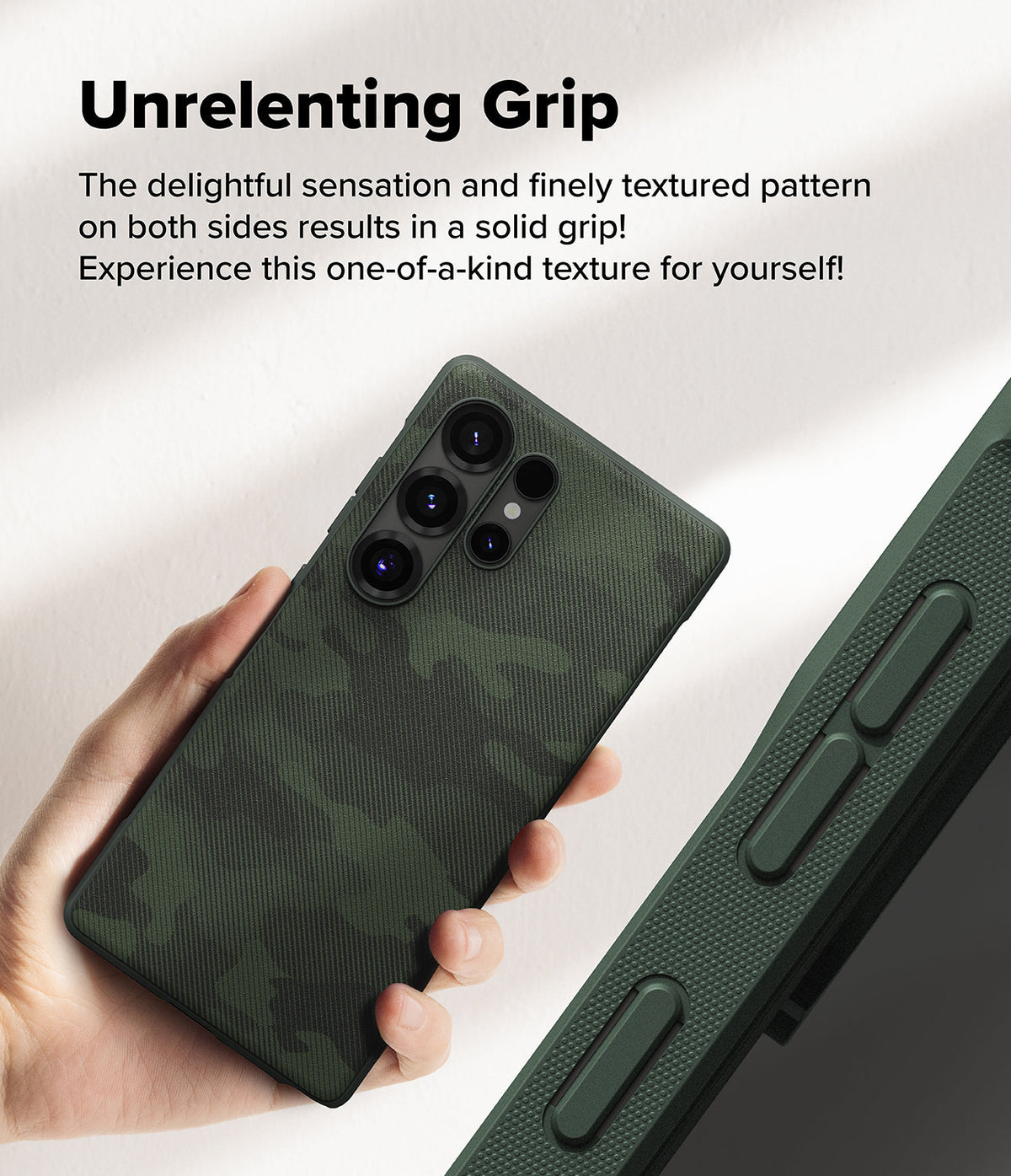 Galaxy S25 Ultra Case | Onyx - Hand holding a dark green textured phone case with a camo pattern and side grip details.