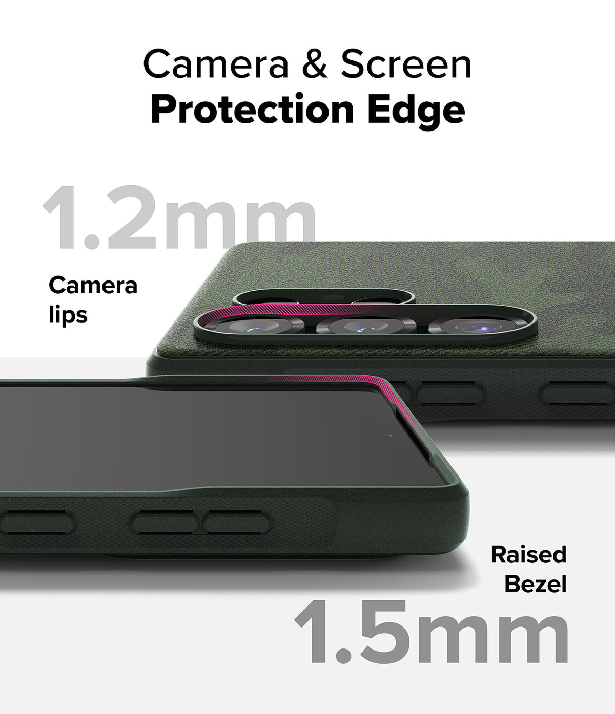 Galaxy S25 Ultra Case | Onyx - Close-up of phone case showing 1.2mm camera lips and 1.5mm raised screen bezel protection.