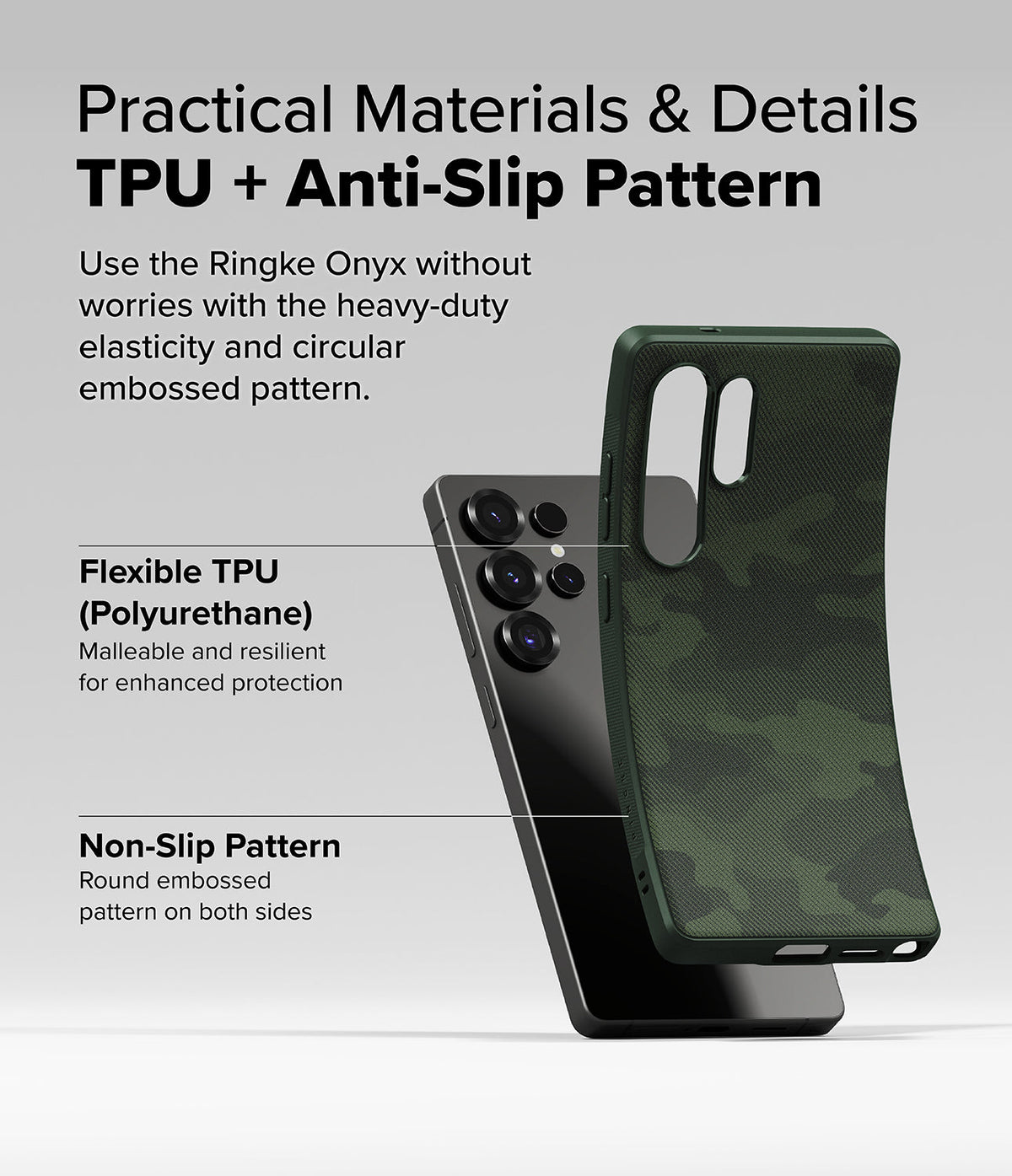 Galaxy S25 Ultra Case | Onyx - Flexible green camo TPU phone case being lifted off a black Galaxy S25 Ultra, highlighting texture.