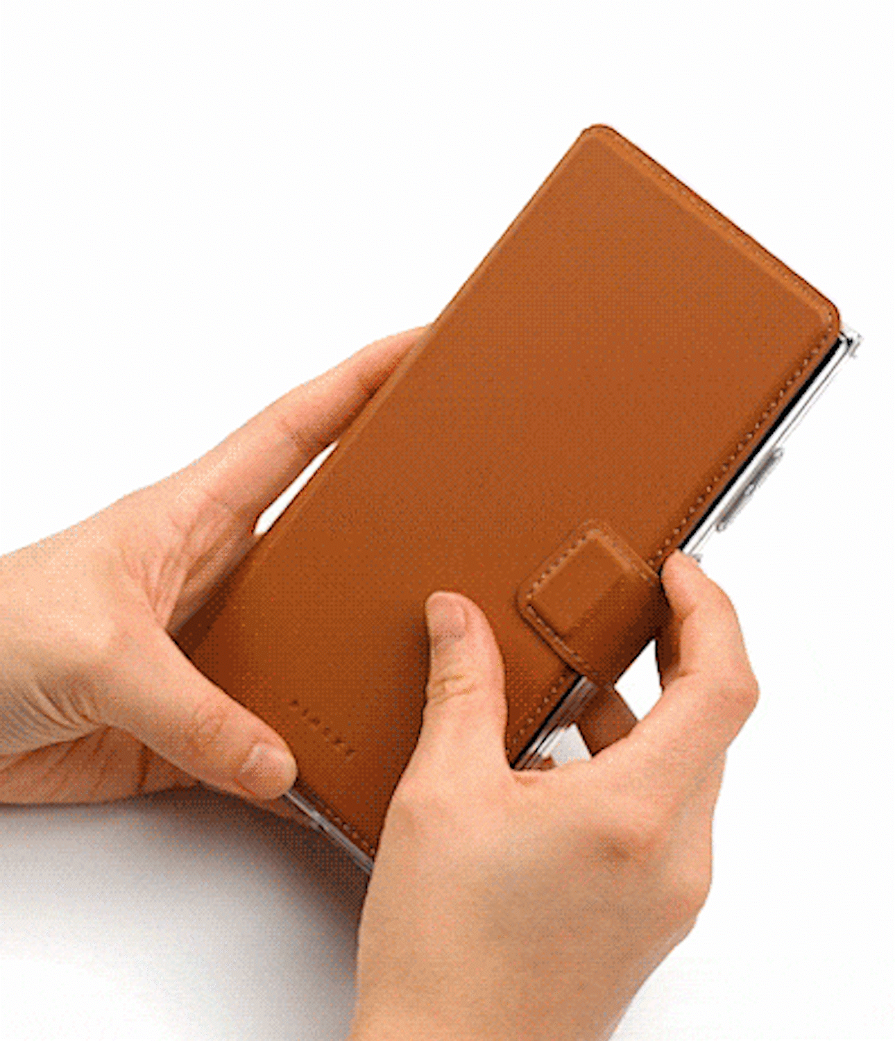 Galaxy S25 Ultra Cover | Folio Grip Wallet Magnetic - Hands closing a tan leather folio case over a smartphone.