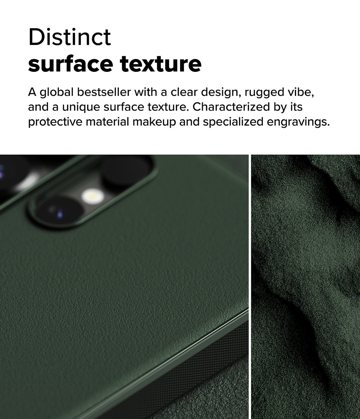 Galaxy S25 Ultra Case | Onyx - Dark green phone case with a textured surface and camera cutout next to a rugged rock texture.