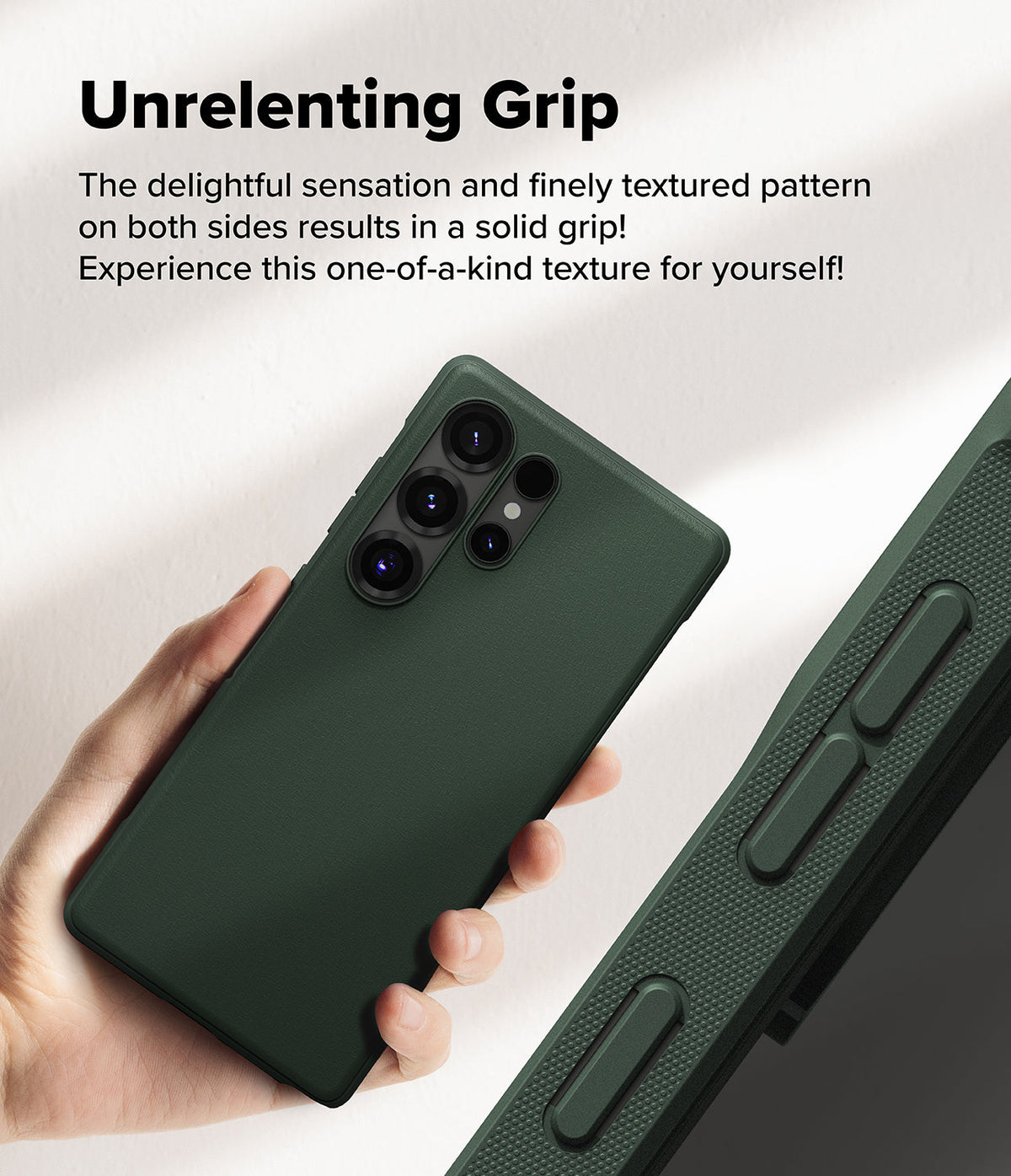 Galaxy S25 Ultra Case | Onyx - A hand holding a dark green phone case with a textured side grip and camera cutouts.