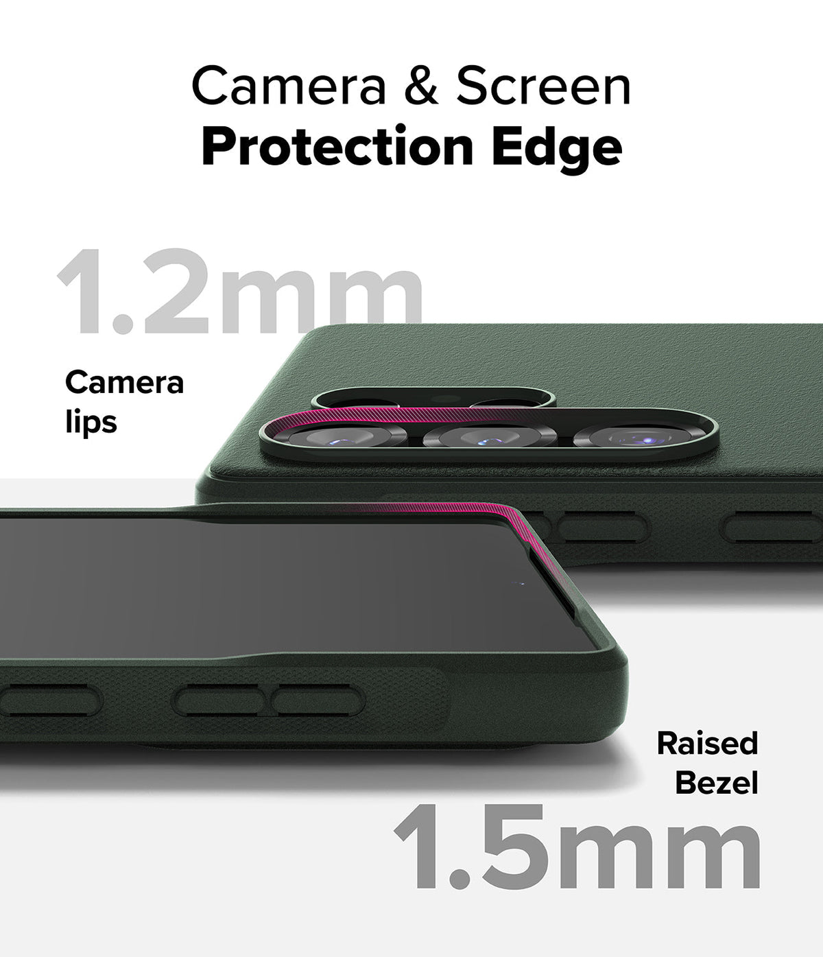 Galaxy S25 Ultra Case | Onyx - Dark green phone case showing 1.2mm camera lips and 1.5mm raised screen bezel protection.