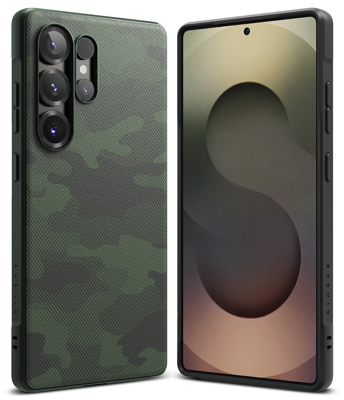 Galaxy S25 Ultra Case | Onyx - Front and back view of a green camouflage phone case on a Galaxy S25 Ultra.