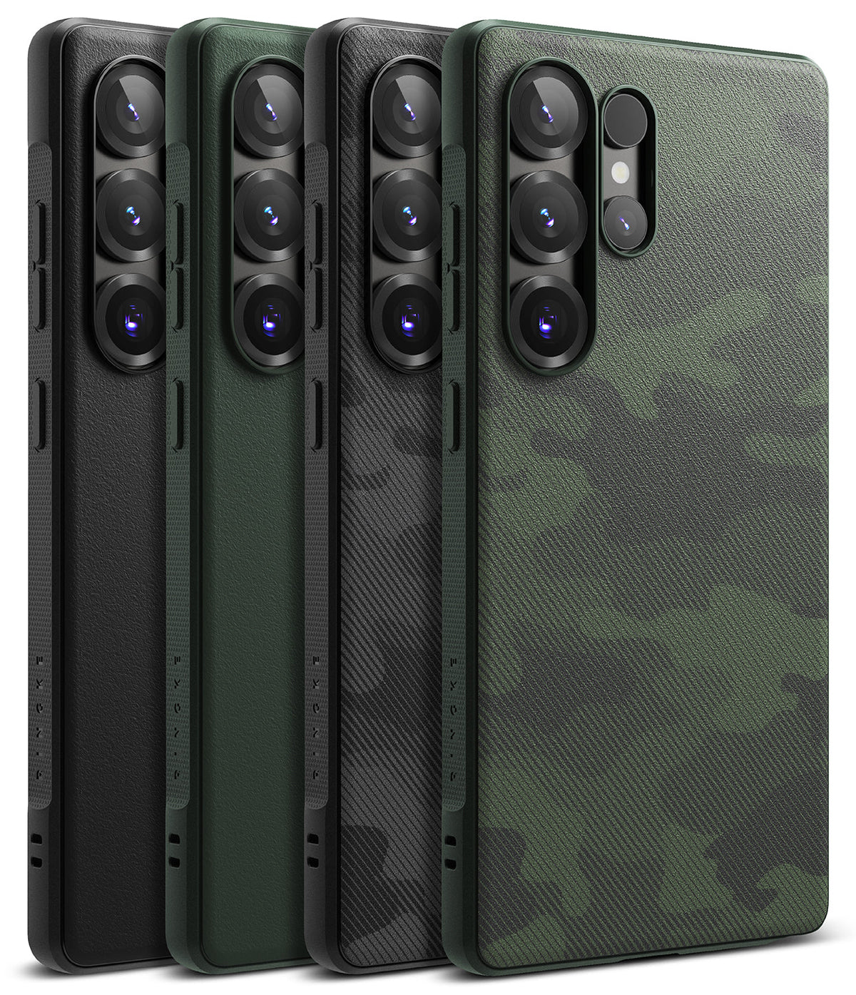 Galaxy S25 Ultra Case | Onyx - Four Galaxy S25 Ultra phone cases in black, green, carbon fiber, and green camo textures.