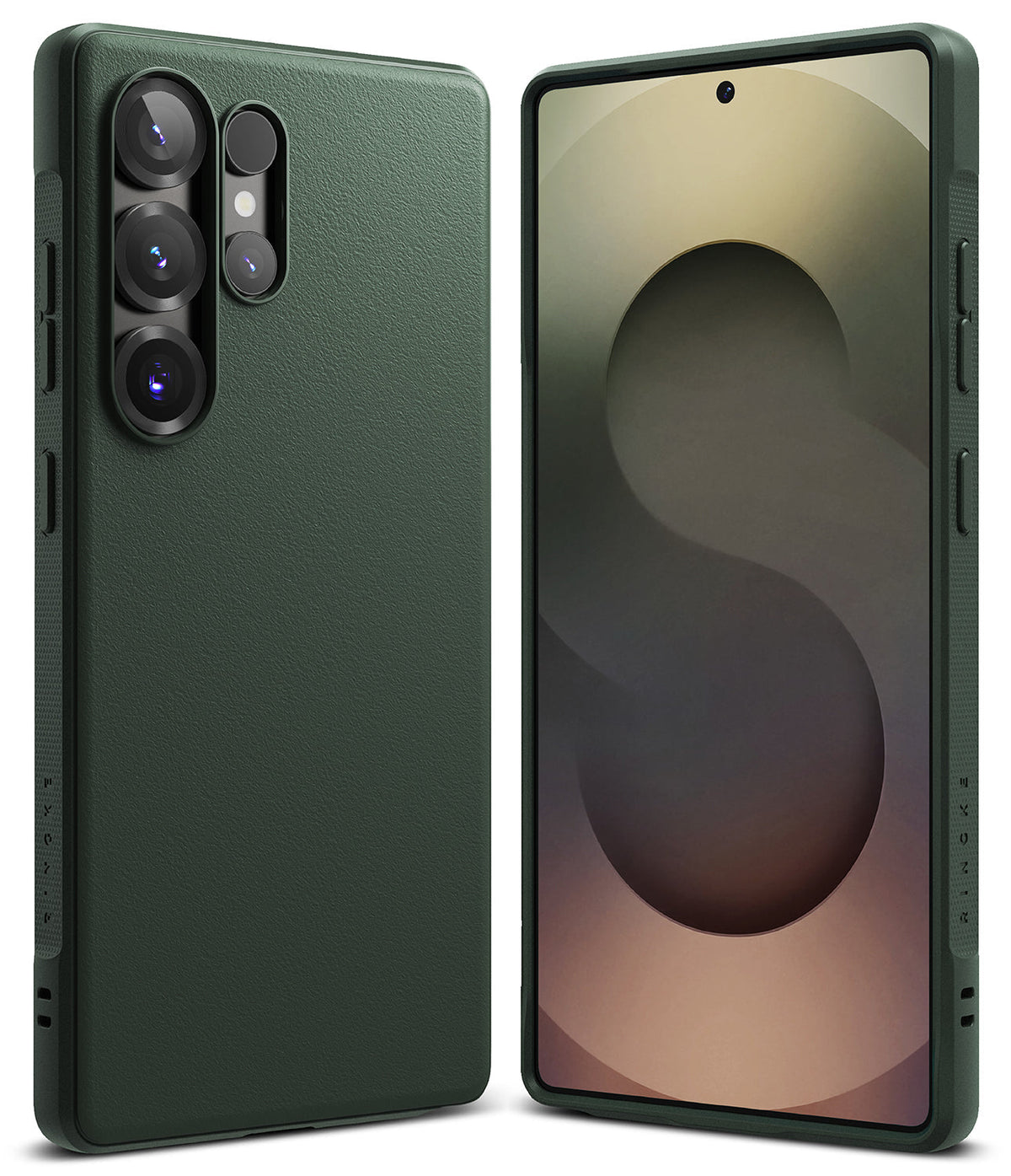 Galaxy S25 Ultra Case | Onyx - Front and back views of a dark green textured phone case on a Galaxy S25 Ultra.
