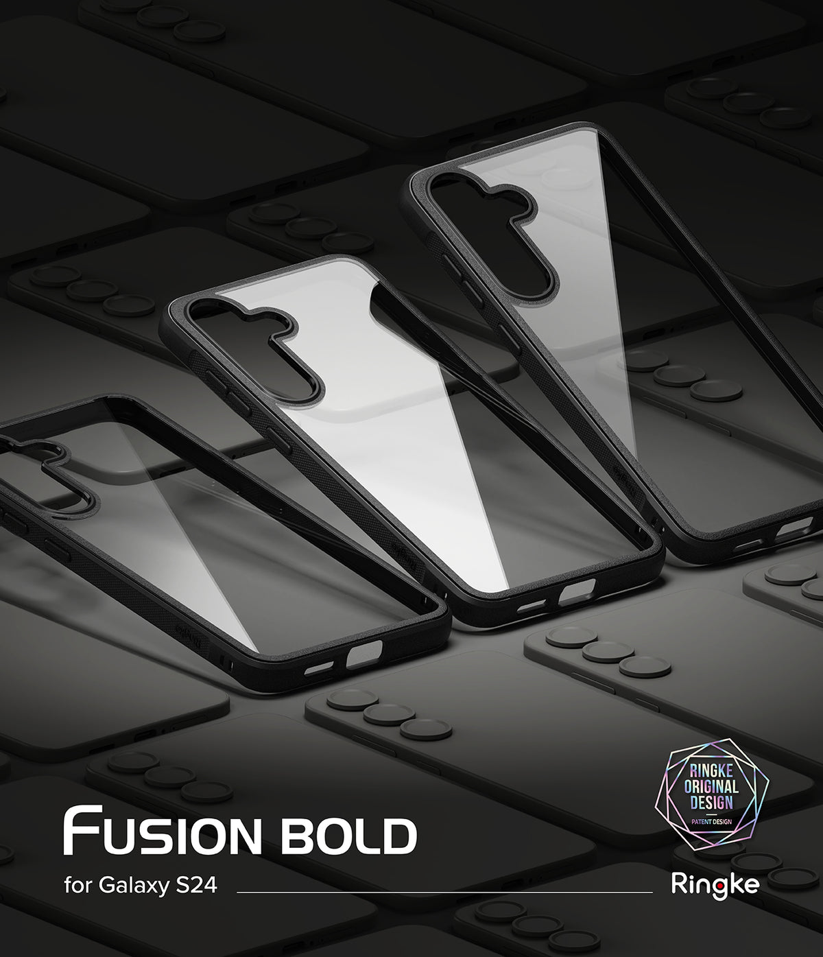 Galaxy S25 Case | Fusion Bold - Three clear phone cases with black frames arranged on a dark, patterned background.