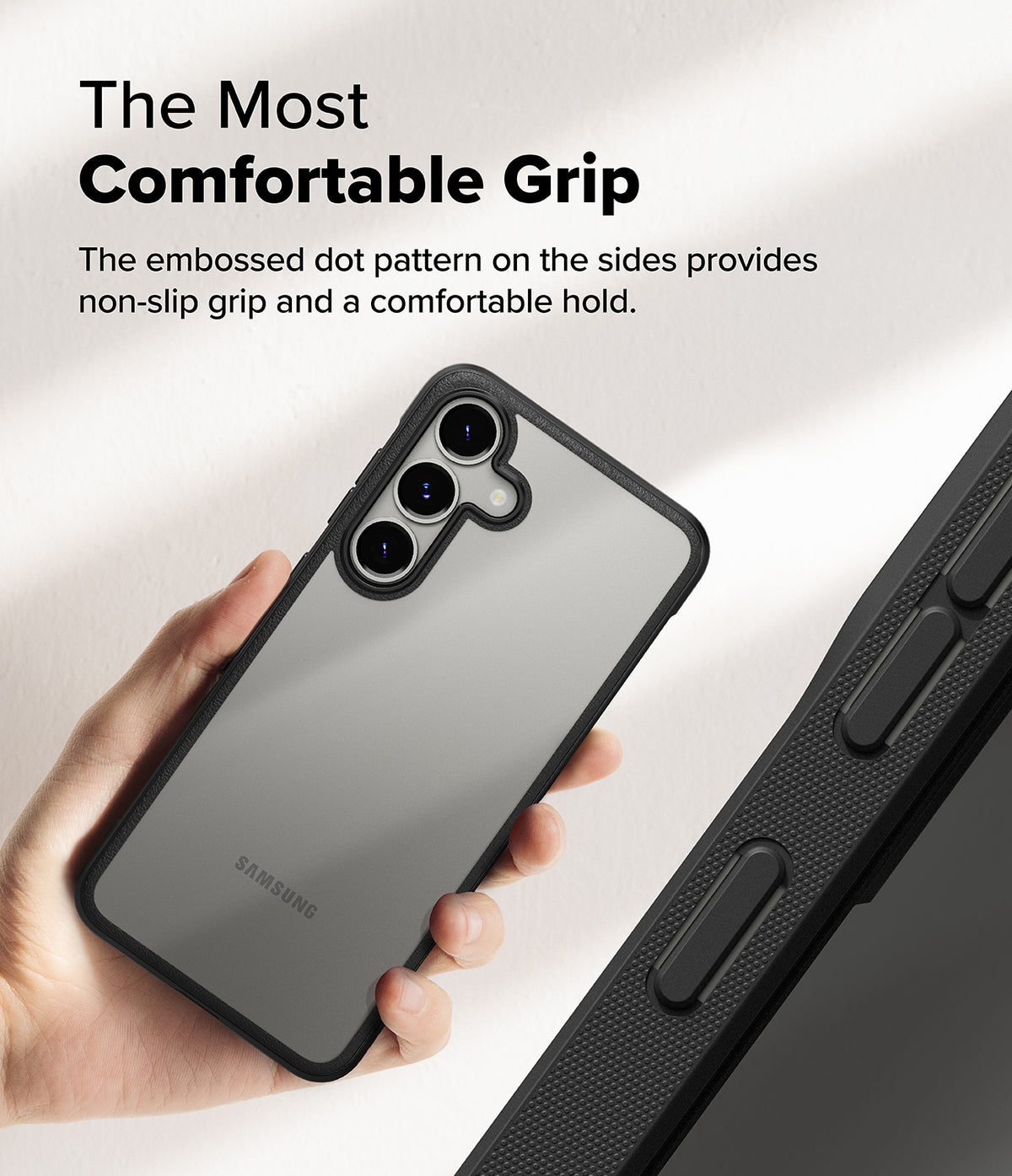 Galaxy S25 Case | Fusion Bold - Hand holding a phone case with a matte back and side-grip dot texture for comfort.
