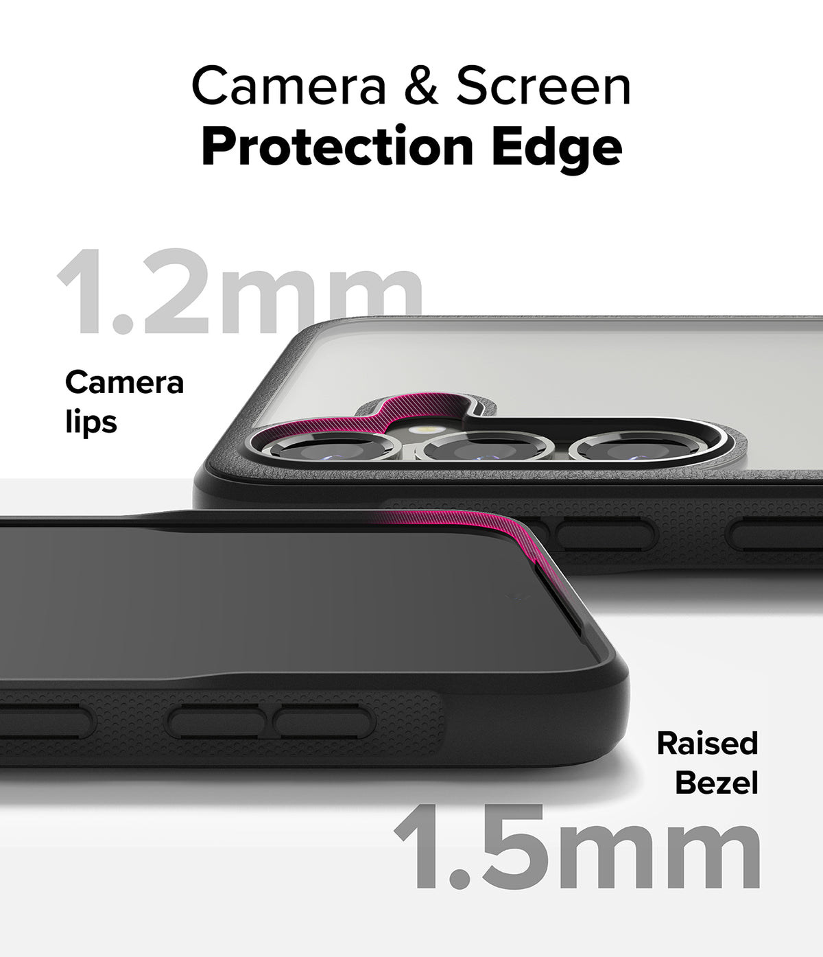 Galaxy S25 Case | Fusion Bold - Close-up of phone case showing 1.2mm camera lips and 1.5mm raised screen bezel for protection.