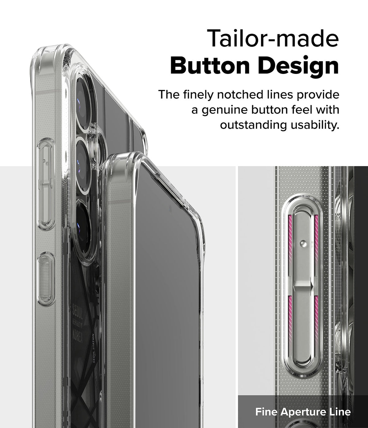 Galaxy S25 Case | Fusion Design - Close-up of a clear phone case highlighting the tactile, notched button design.