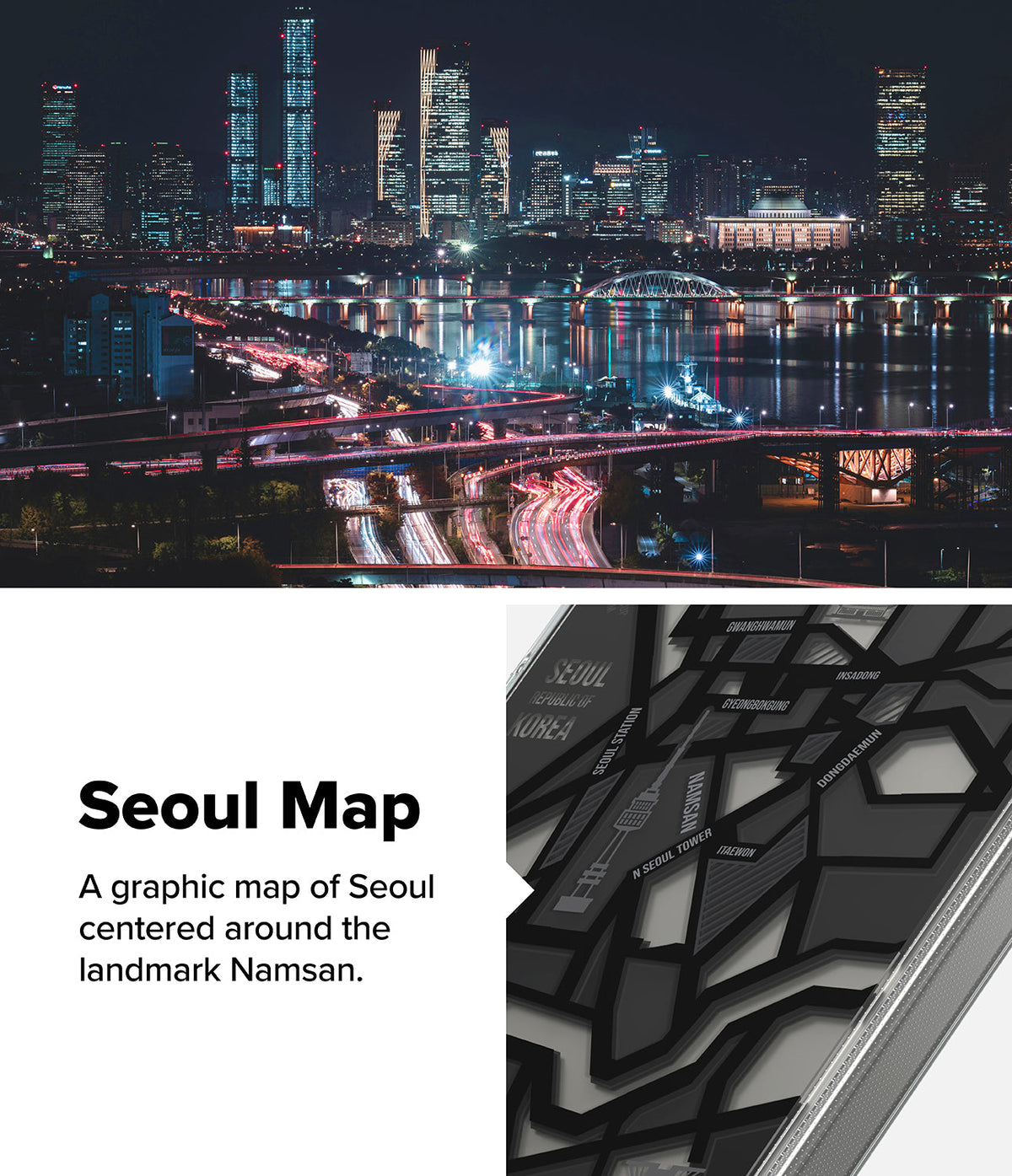 Galaxy S25 Case | Fusion Design - Nighttime Seoul skyline above a phone case featuring a graphic map of Seoul landmarks.