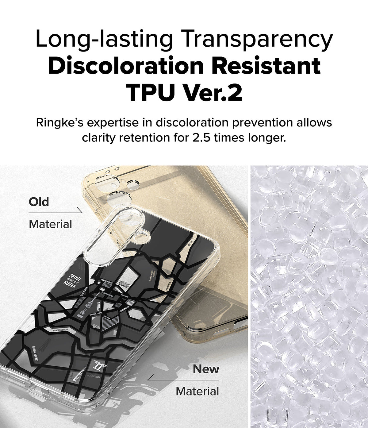 Galaxy S25 Case | Fusion Design - Comparison of yellowed old TPU material versus clear new TPU material for phone cases.