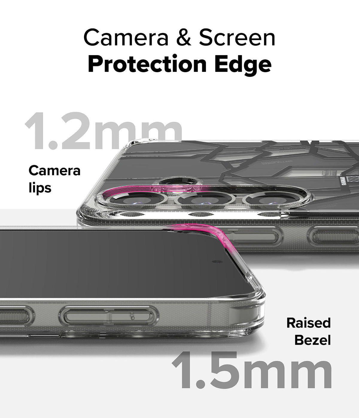 Galaxy S25 Case | Fusion Design - Close-up of phone case showing 1.2mm camera lips and 1.5mm raised screen bezel for protection.