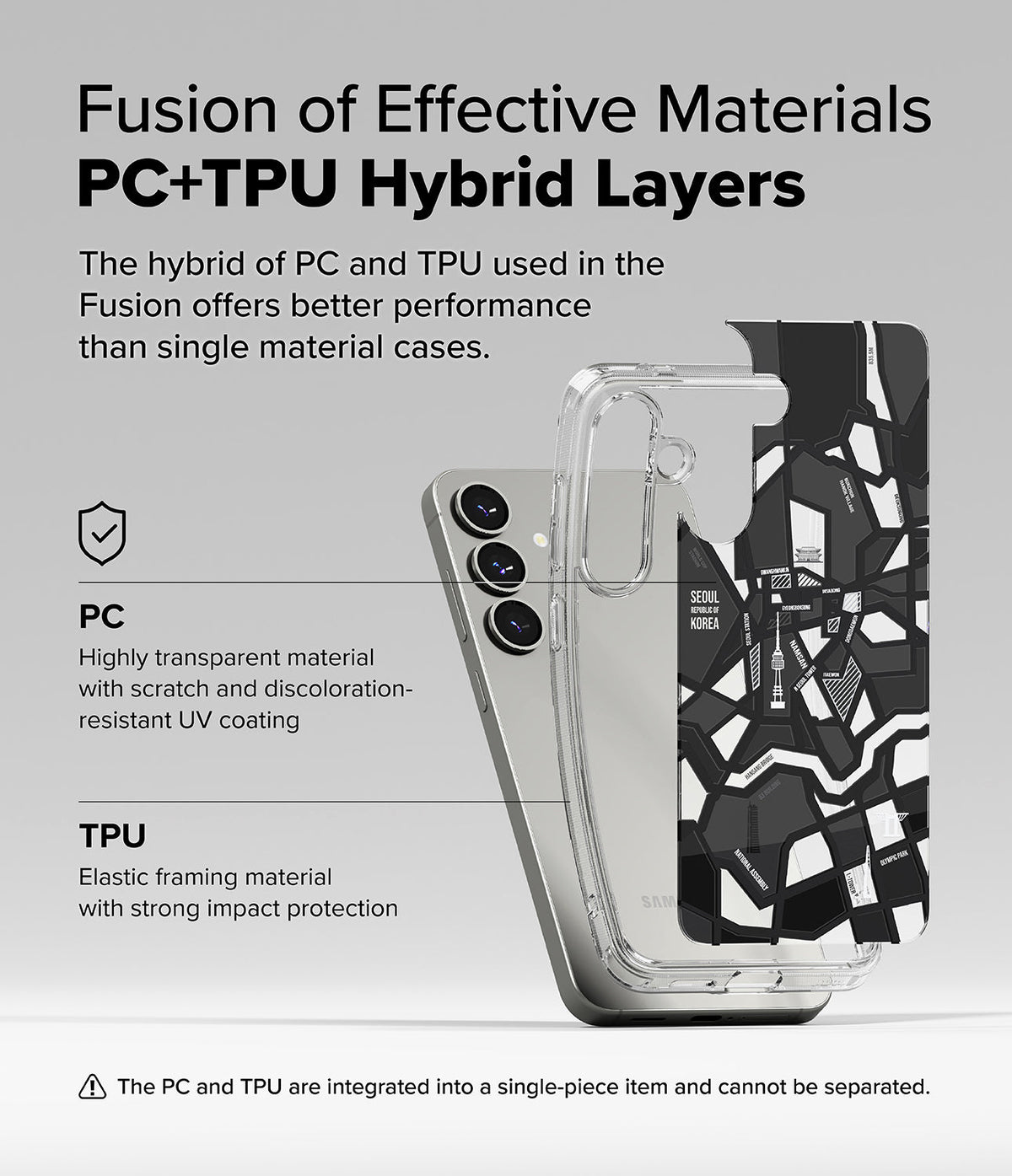 Galaxy S25 Case | Fusion Design - Exploded view of a hybrid PC and TPU phone case featuring a Seoul map graphic.