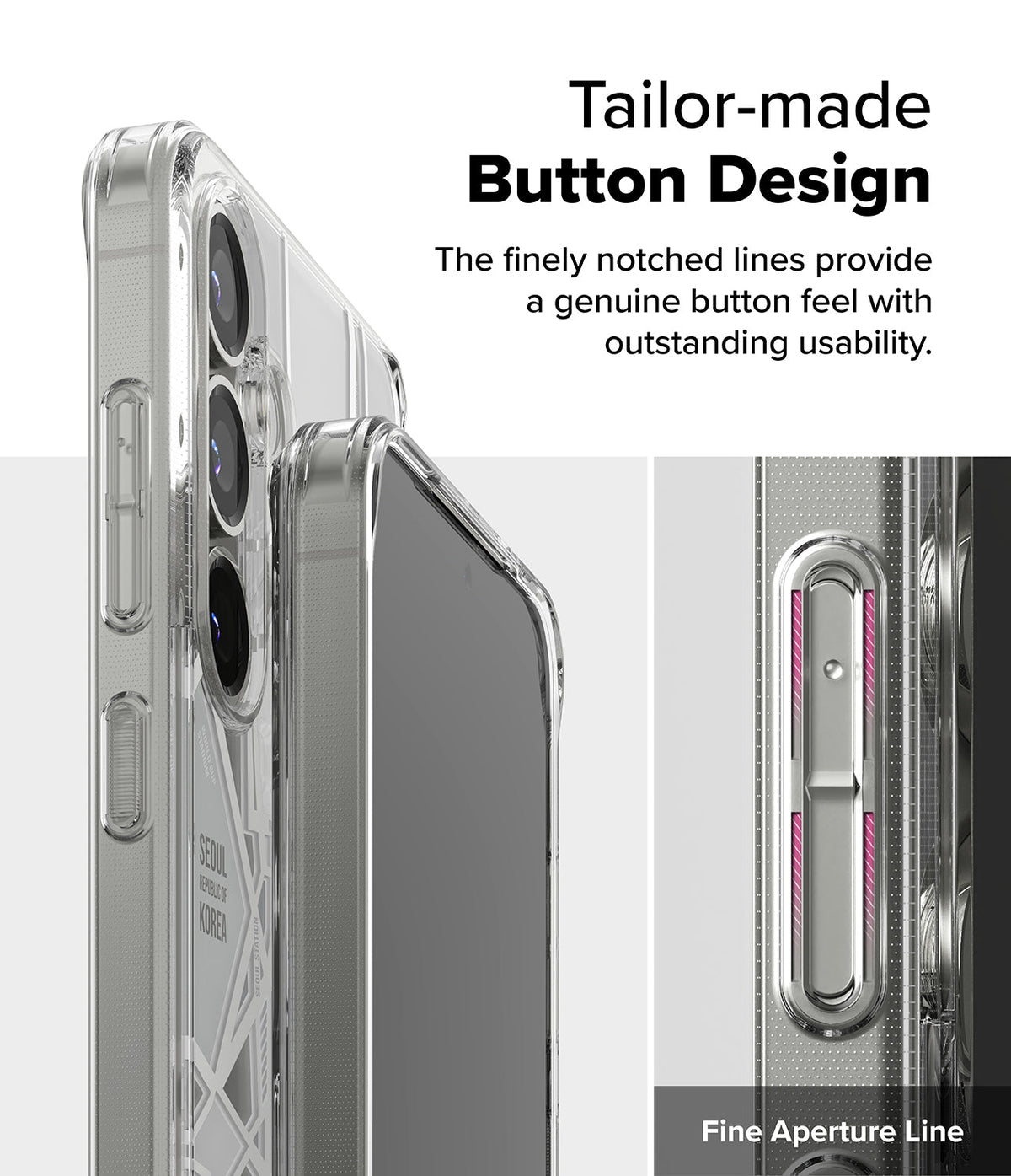 Galaxy S25 Case | Fusion Design - Clear phone case showing detailed, notched button design and fine aperture lines.
