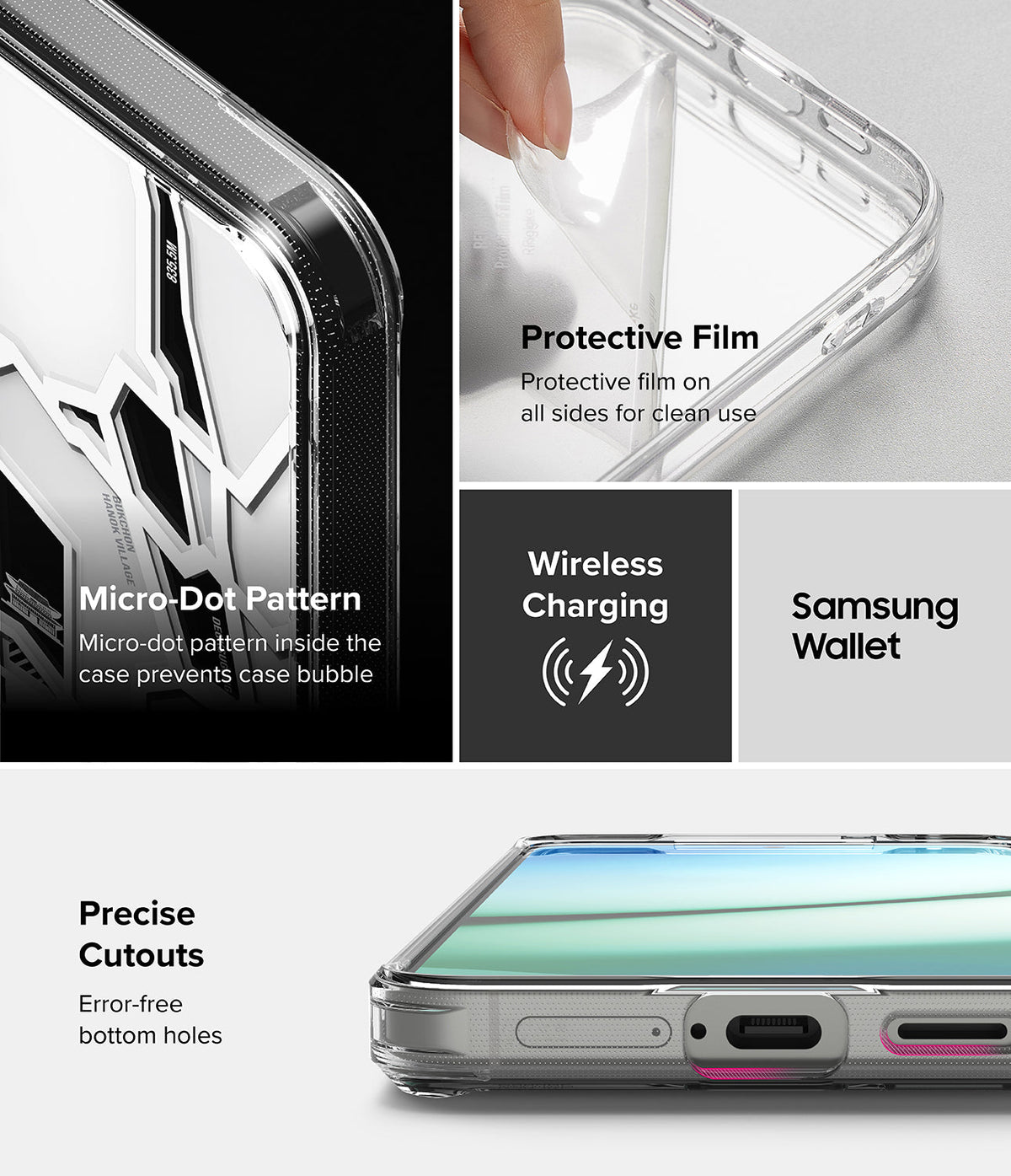 Galaxy S25 Case | Fusion Design - Features include protective film, micro-dot pattern, wireless charging, and precise cutouts.