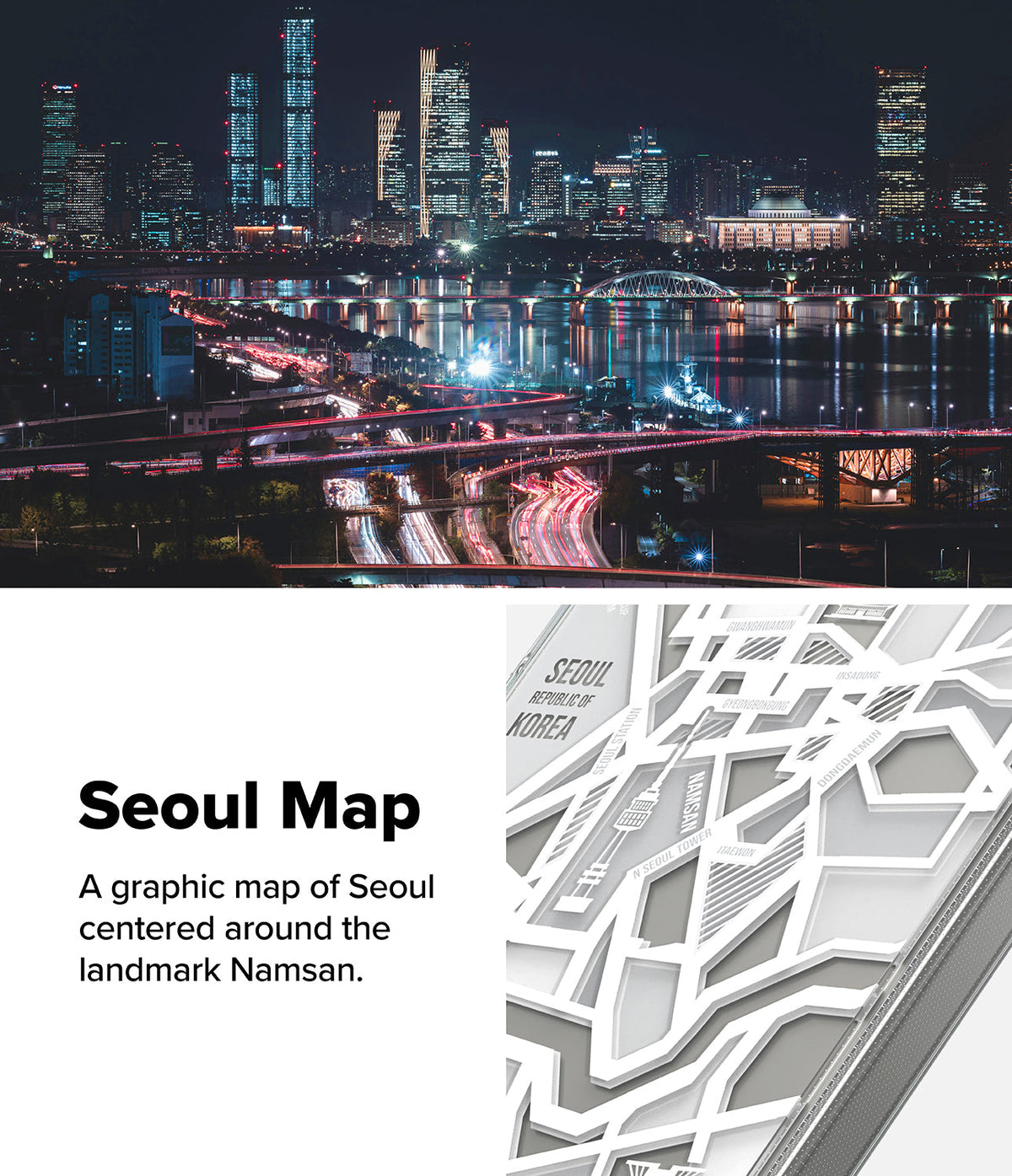 Galaxy S25 Case | Fusion Design - Nighttime Seoul skyline above a stylized 3D graphic map featuring Namsan and city landmarks.
