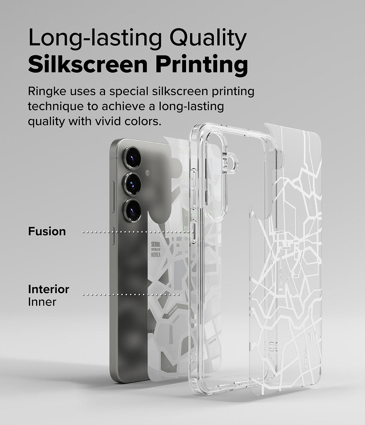 Galaxy S25 Case | Fusion Design - Exploded view of a Galaxy S25 phone and a clear case with a white Seoul map print.