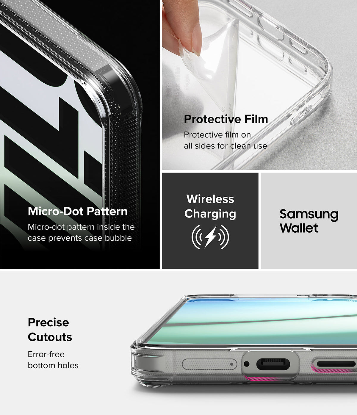 Galaxy S25 Case | Fusion Design - Clear phone case features, including micro-dot pattern, protective film, and precise cutouts.