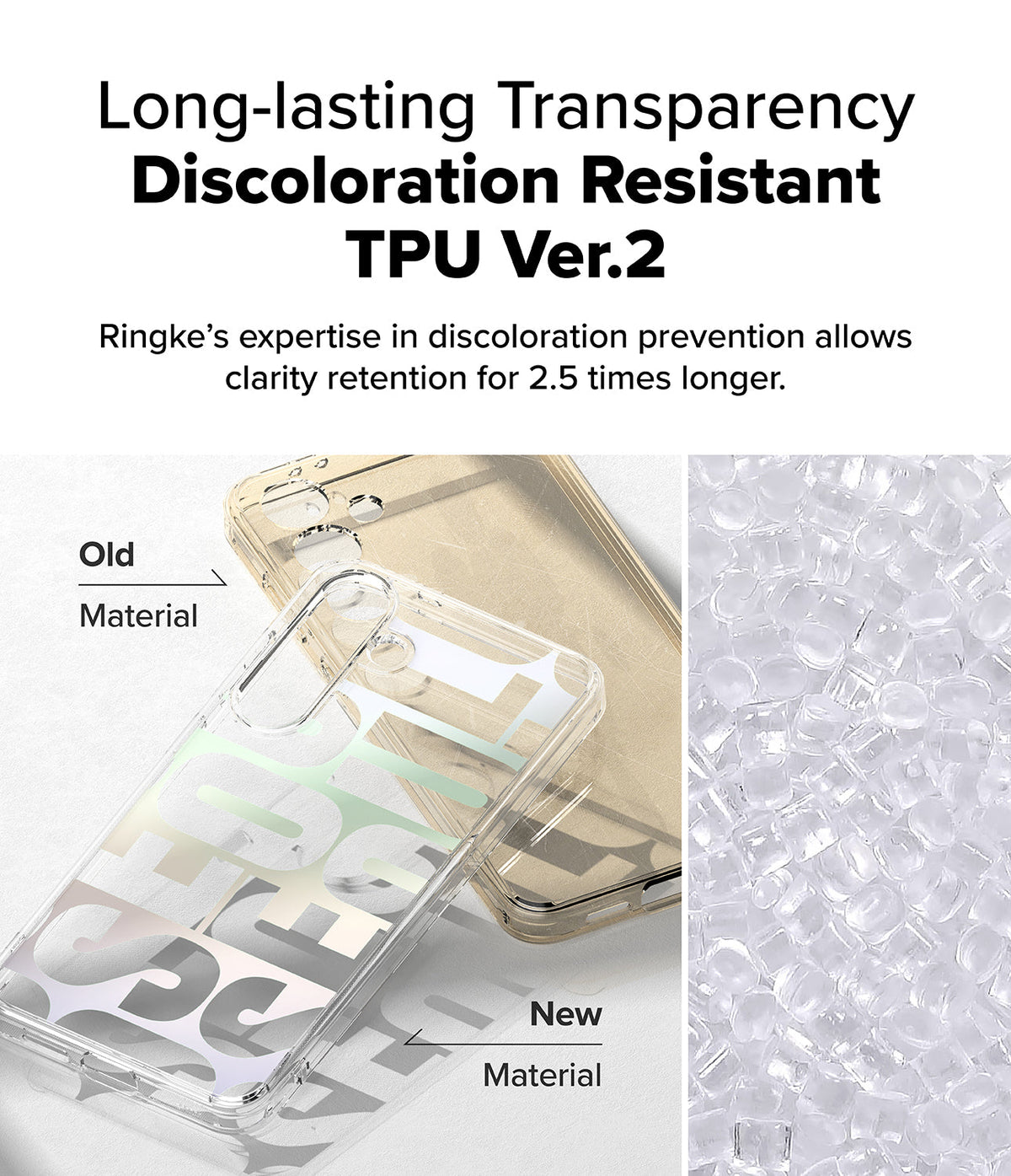 Galaxy S25 Case | Fusion Design - Comparison of yellowed old TPU case and clear new TPU material with raw plastic pellets.