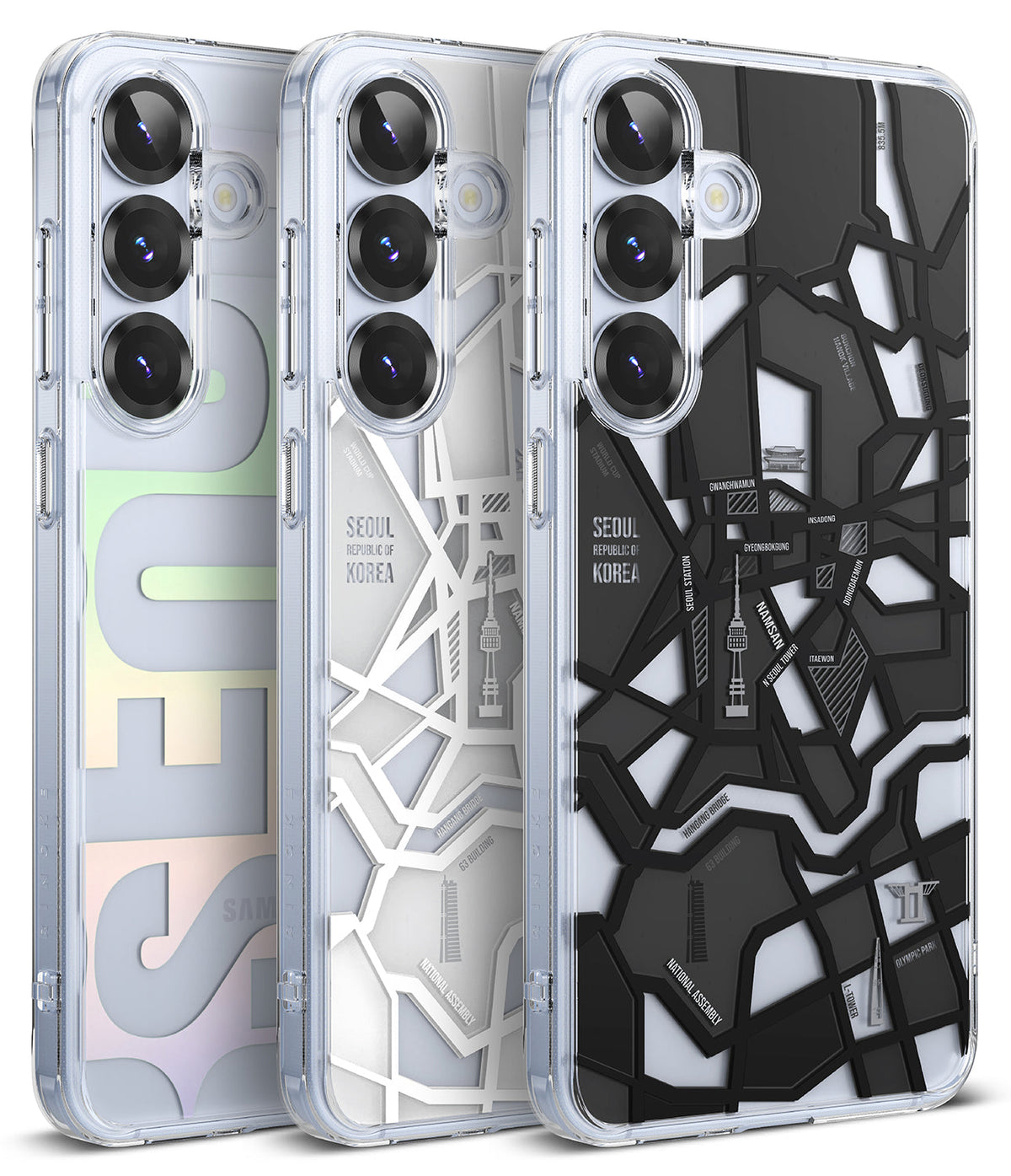 Galaxy S25 Case | Fusion Design - Three clear phone cases featuring Seoul-themed map and typography designs in iridescent, white, and black.