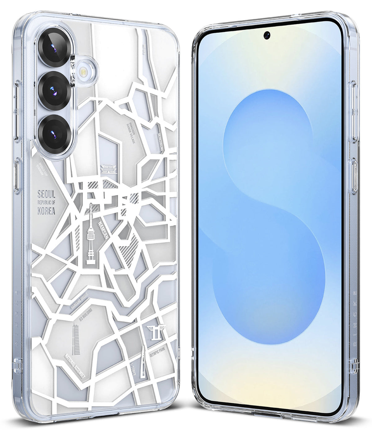 Galaxy S25 Plus Case | Fusion Design - Clear phone case featuring a white Seoul city map print and a front screen view.