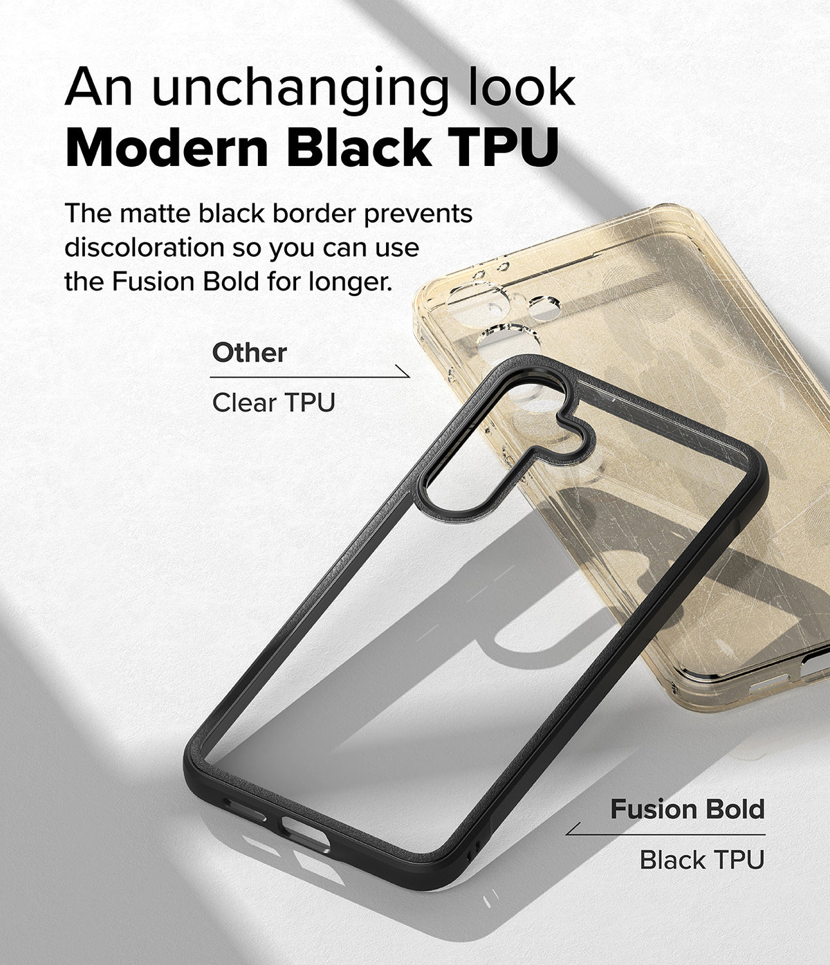 Galaxy S25 Plus Case | Fusion Bold - Comparison of a yellowed clear case and a clean Fusion Bold case with black TPU.