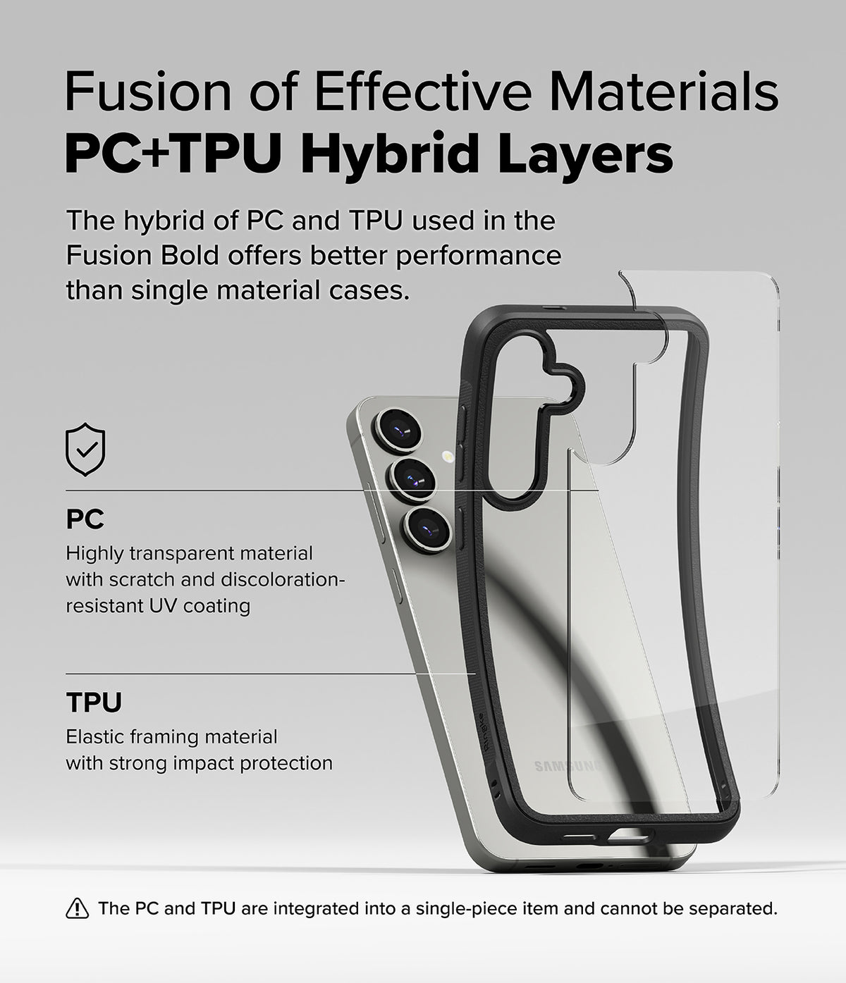 Galaxy S25 Plus Case | Fusion Bold - Exploded view of a phone case showing a transparent PC back and black TPU frame.