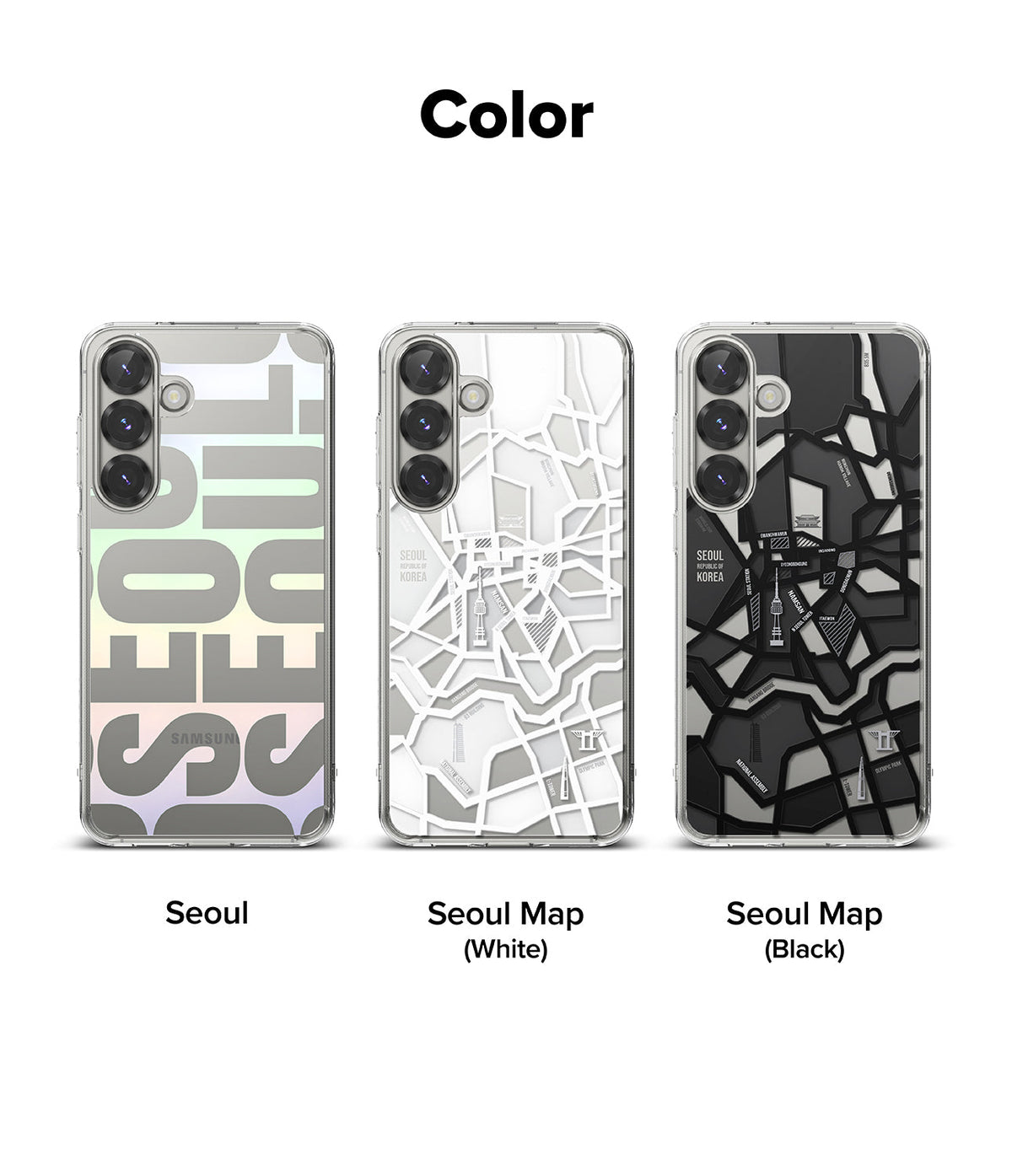 Galaxy S25 Plus Case | Fusion Design - Three phone cases featuring Seoul-themed designs in iridescent, white, and black.