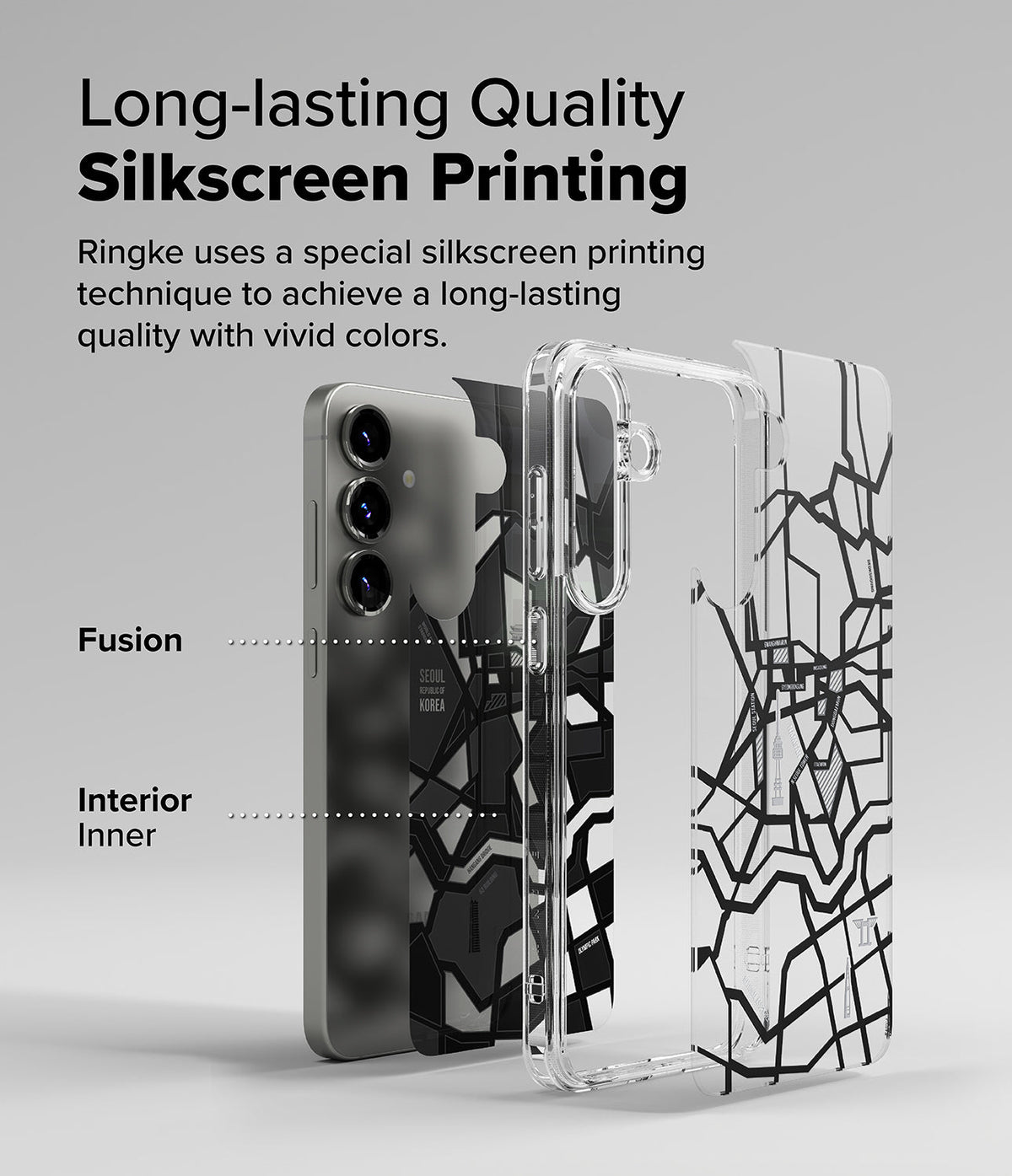 Galaxy S25 Plus Case | Fusion Design - Exploded view of a phone case with a Seoul map print, showing the inner layer and clear shell.