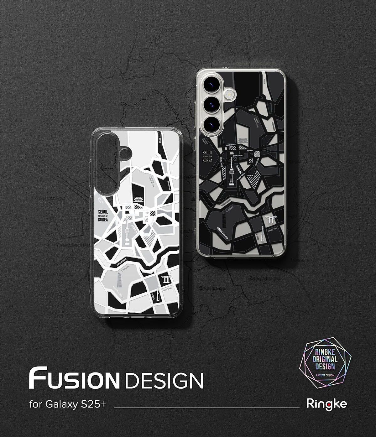 Galaxy S25 Plus Case | Fusion Design - Two phone cases featuring a stylized black and white map of Seoul landmarks.