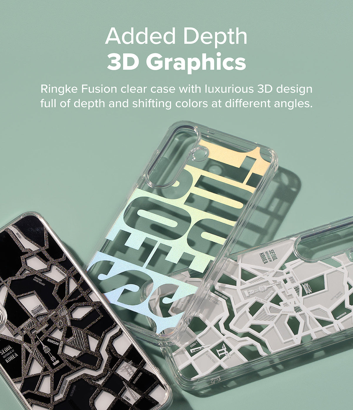 Galaxy S25 Plus Case | Fusion Design - Three clear phone cases with 3D Seoul map graphics in black, white, and iridescent.