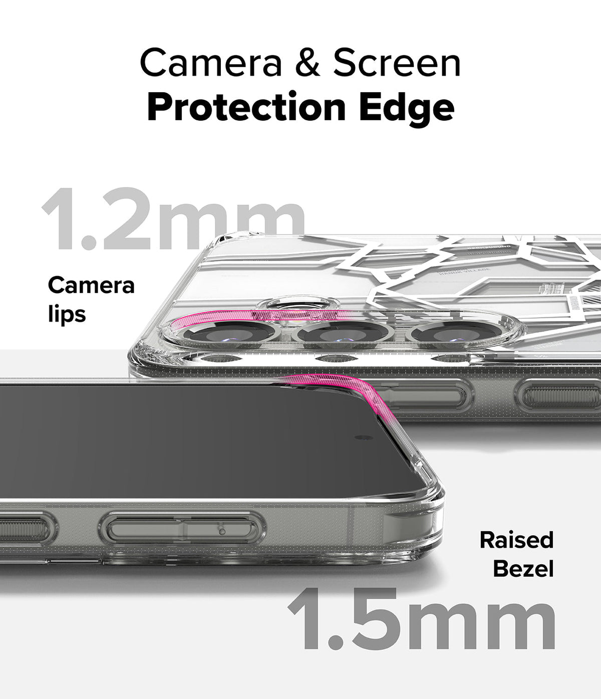 Galaxy S25 Plus Case | Fusion Design - Close-up of phone case showing 1.2mm camera lips and 1.5mm raised screen bezel.