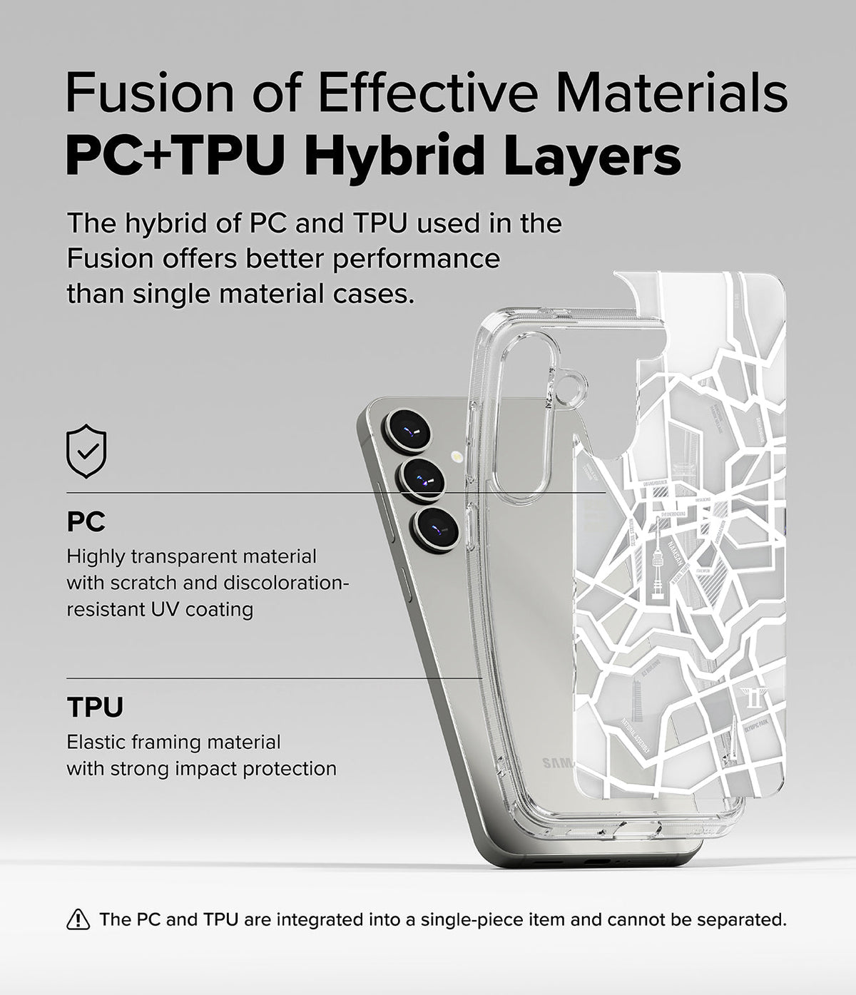 Galaxy S25 Plus Case | Fusion Design - Exploded view of a clear phone case with a map pattern over a Galaxy S25 Plus.