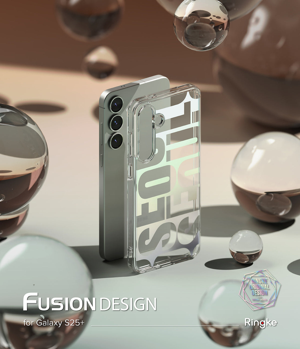 Galaxy S25 Plus Case | Fusion Design - Clear phone case with Seoul typography on a phone surrounded by glass spheres.