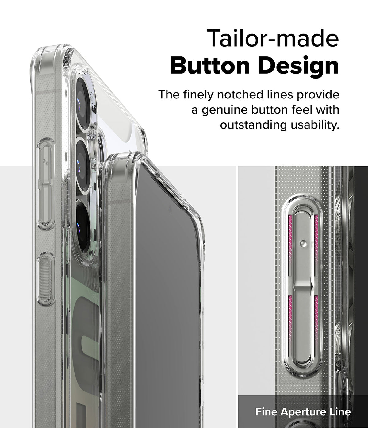 Galaxy S25 Plus Case | Fusion Design - Close-up of a clear phone case showing notched, tactile buttons and a fine aperture line.