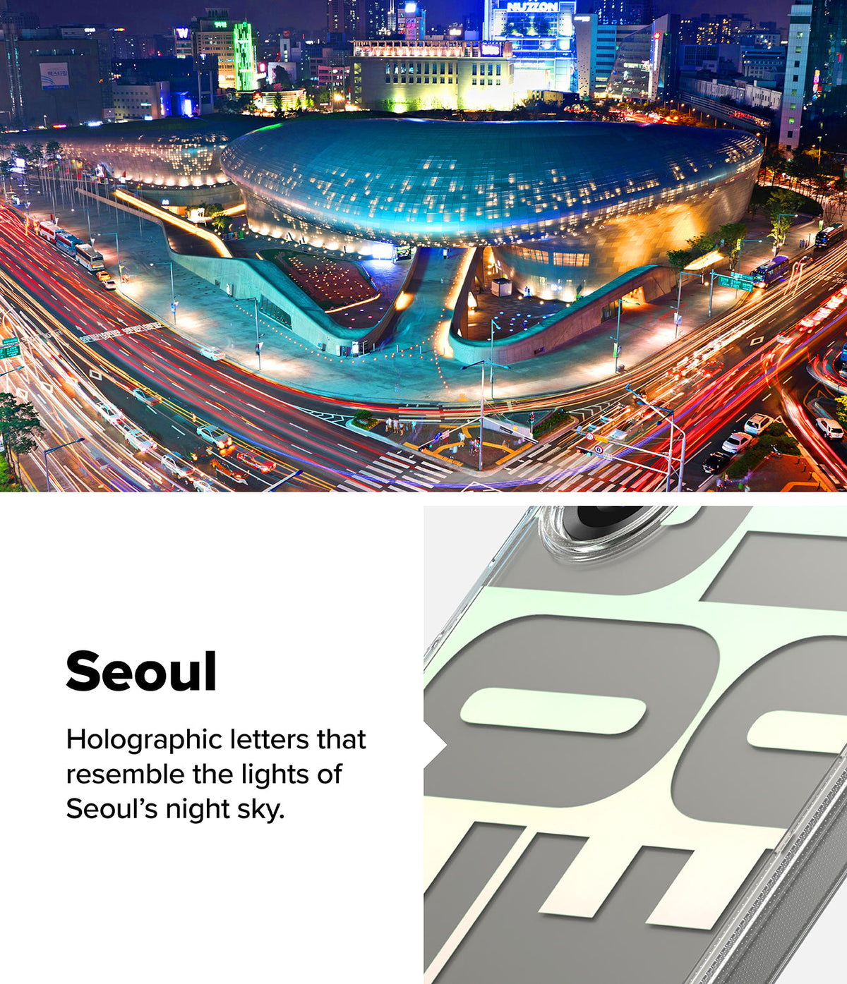 Galaxy S25 Plus Case | Fusion Design - Seoul night cityscape with light trails next to a phone case with holographic lettering.