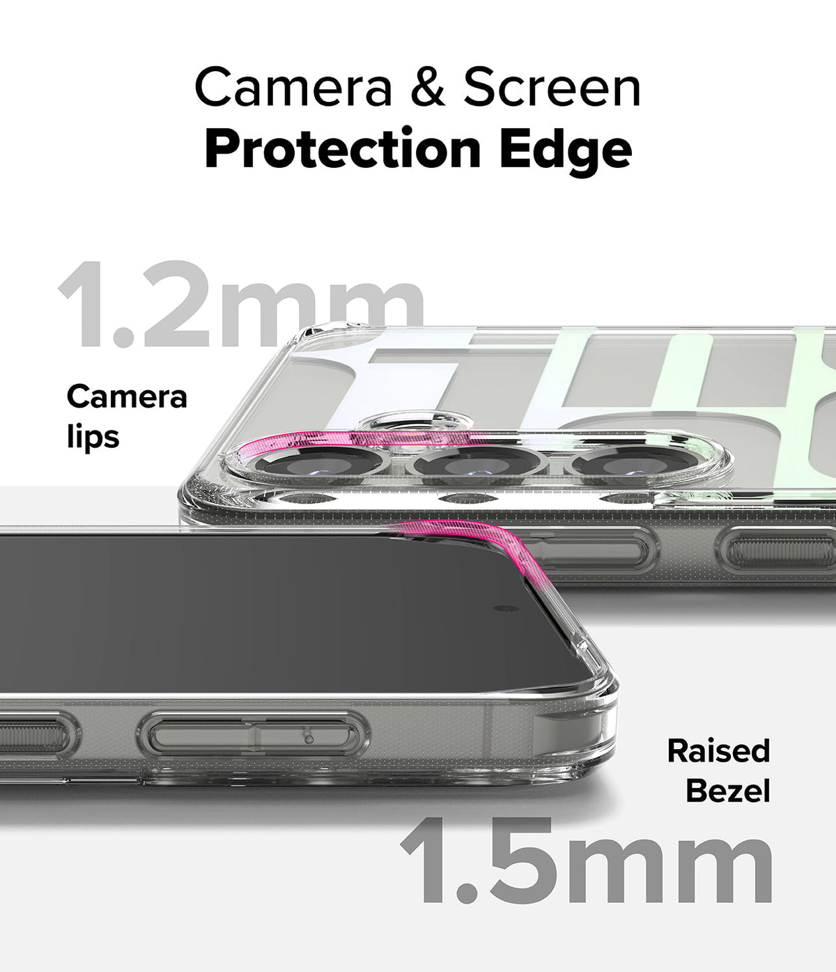 Galaxy S25 Plus Case | Fusion Design - Close-up of phone case showing 1.2mm camera lips and 1.5mm raised screen bezel for protection.