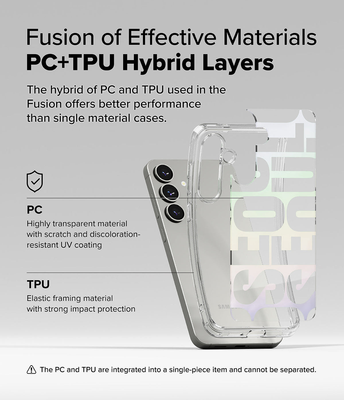 Galaxy S25 Plus Case | Fusion Design - Exploded view of a clear hybrid PC and TPU phone case on a Galaxy S25 Plus.