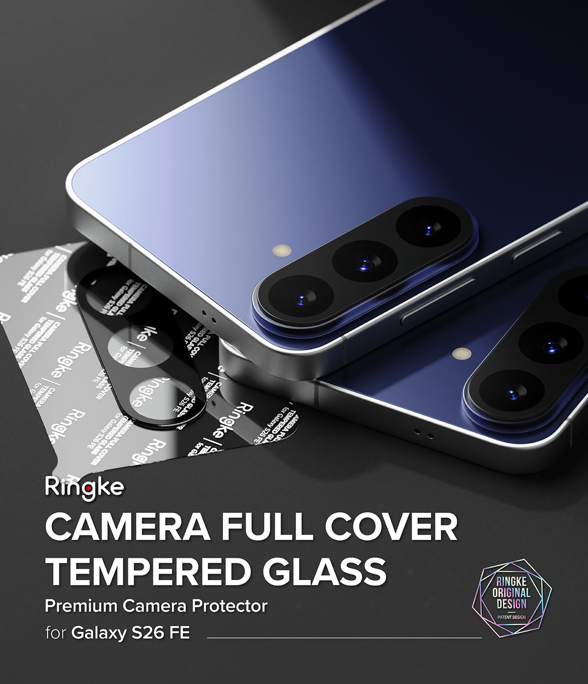 Galaxy S26 FE Camera Protector | Camera Full Cover Tempered Glass (2P) - Ringke camera full cover tempered glass protector shown applied to the rear camera area of a blue Samsung Galaxy S26 FE smartphone, with additional protective film sheets visible on a dark background and product text overlay.