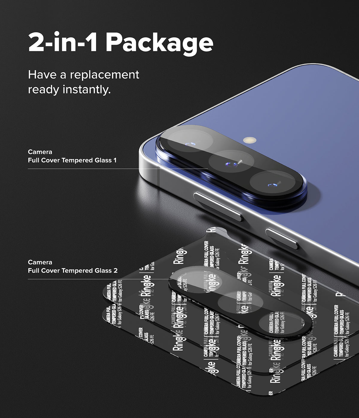 Galaxy S26 FE Camera Protector | Camera Full Cover Tempered Glass (2P) - A promotional graphic for a 2-in-1 phone camera lens replacement package. It shows a close-up of a smartphone with a camera lens protector applied, alongside a separate packaged replacement lens labeled 'Camera Full Cover Tempered Glass 2'.