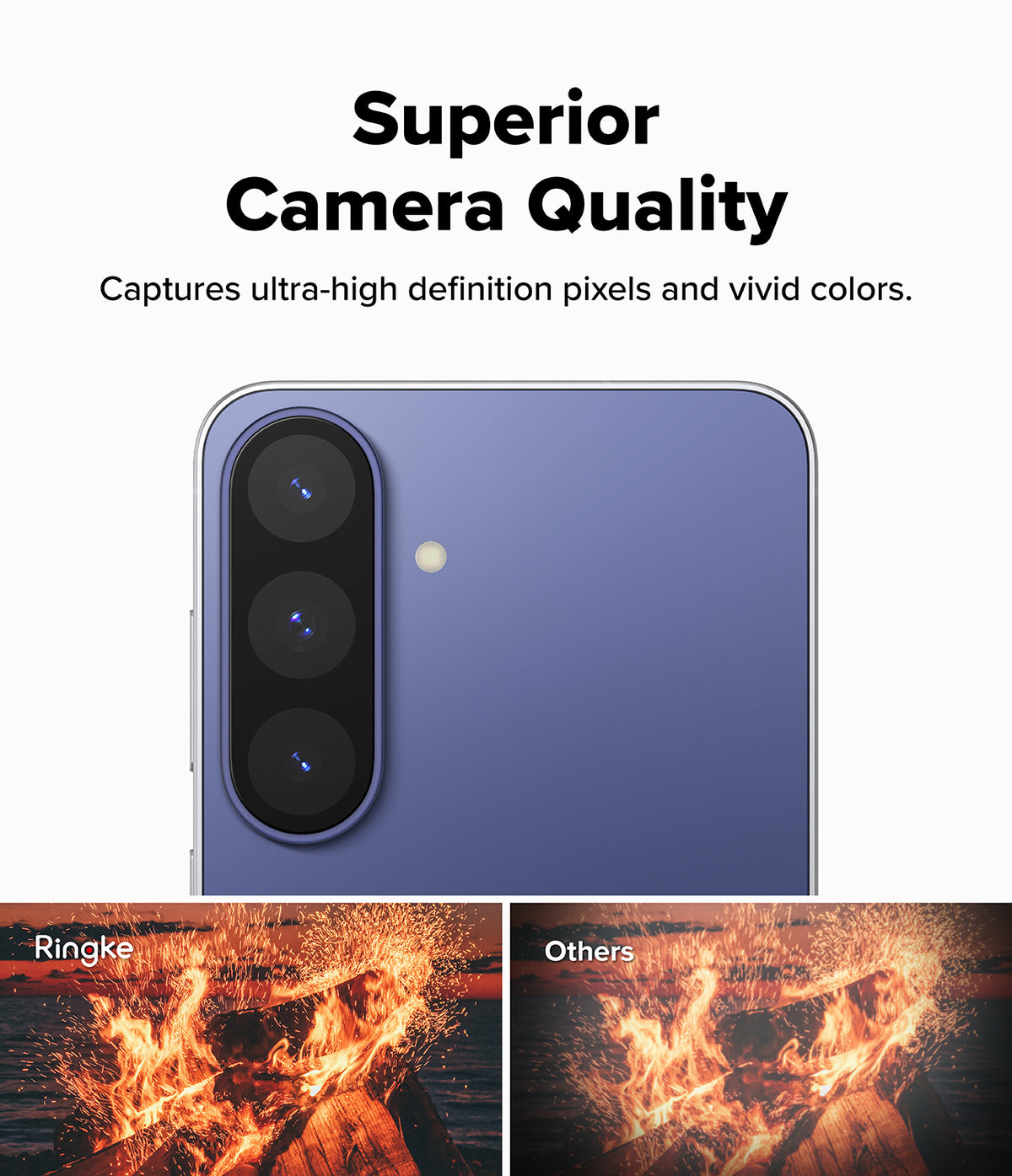 Galaxy S26 FE Camera Protector | Camera Full Cover Tempered Glass (2P) - A promotional graphic for a smartphone camera feature, showing a close-up of the back of a blue-purple phone with three rear cameras and text reading 'Superior Camera Quality.' Two small sample photos at the bottom compare image quality, labeled 'Ringke' and 'Others.