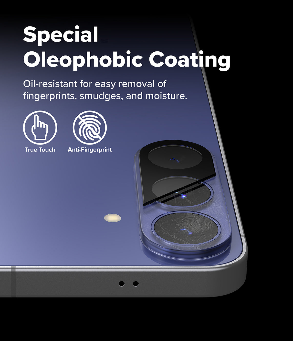 Galaxy S26 FE Camera Protector | Camera Full Cover Tempered Glass (2P) - Close-up of a smartphone camera area with text reading 'Special Oleophobic Coating' and icons for 'True Touch' and 'Anti-Fingerprint' on a black background.