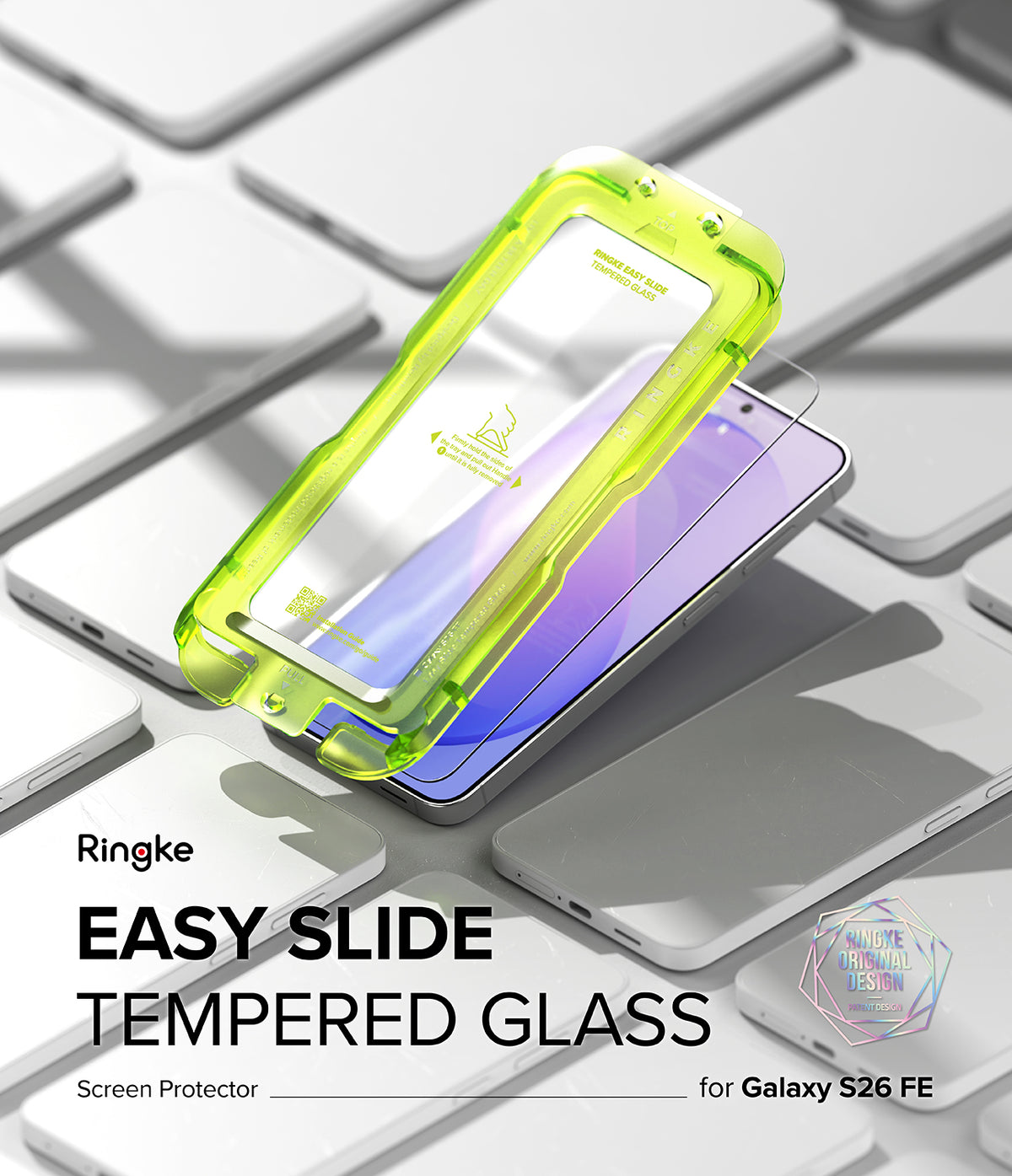 Galaxy S26 FE Screen Protector | Easy Slide Tempered Glass (2P) - Ringke Easy Slide Tempered Glass screen protector shown in a translucent neon green protective sleeve, sliding off a smartphone placed on a white keyboard. Text on the image reads 'Ringke EASY SLIDE TEMPERED GLASS Screen Protector for Galaxy S26 FE'.